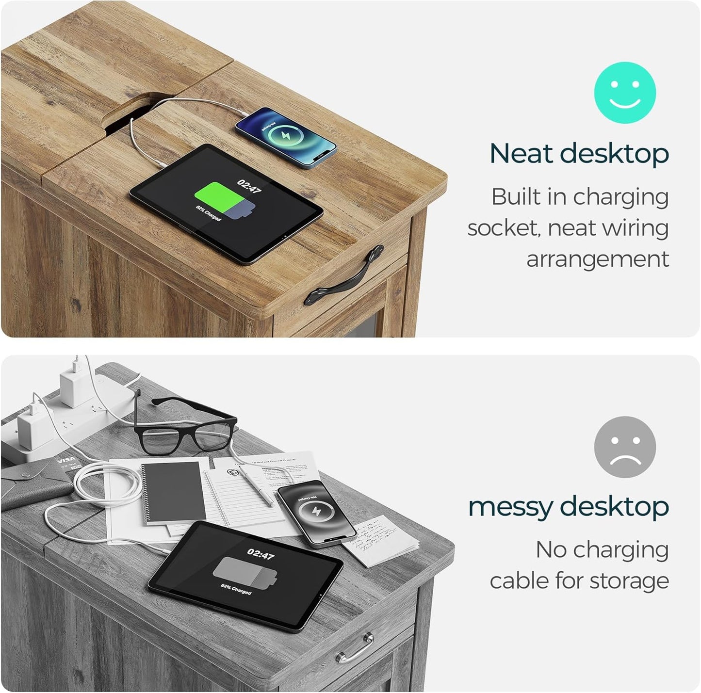 LINSY HOME Farmhouse End Table with Charging Station, Narrow Side Table for Living Room, Sofa Side Table with Drawer and Storage Cabinet, Small Nightstand for Home Office