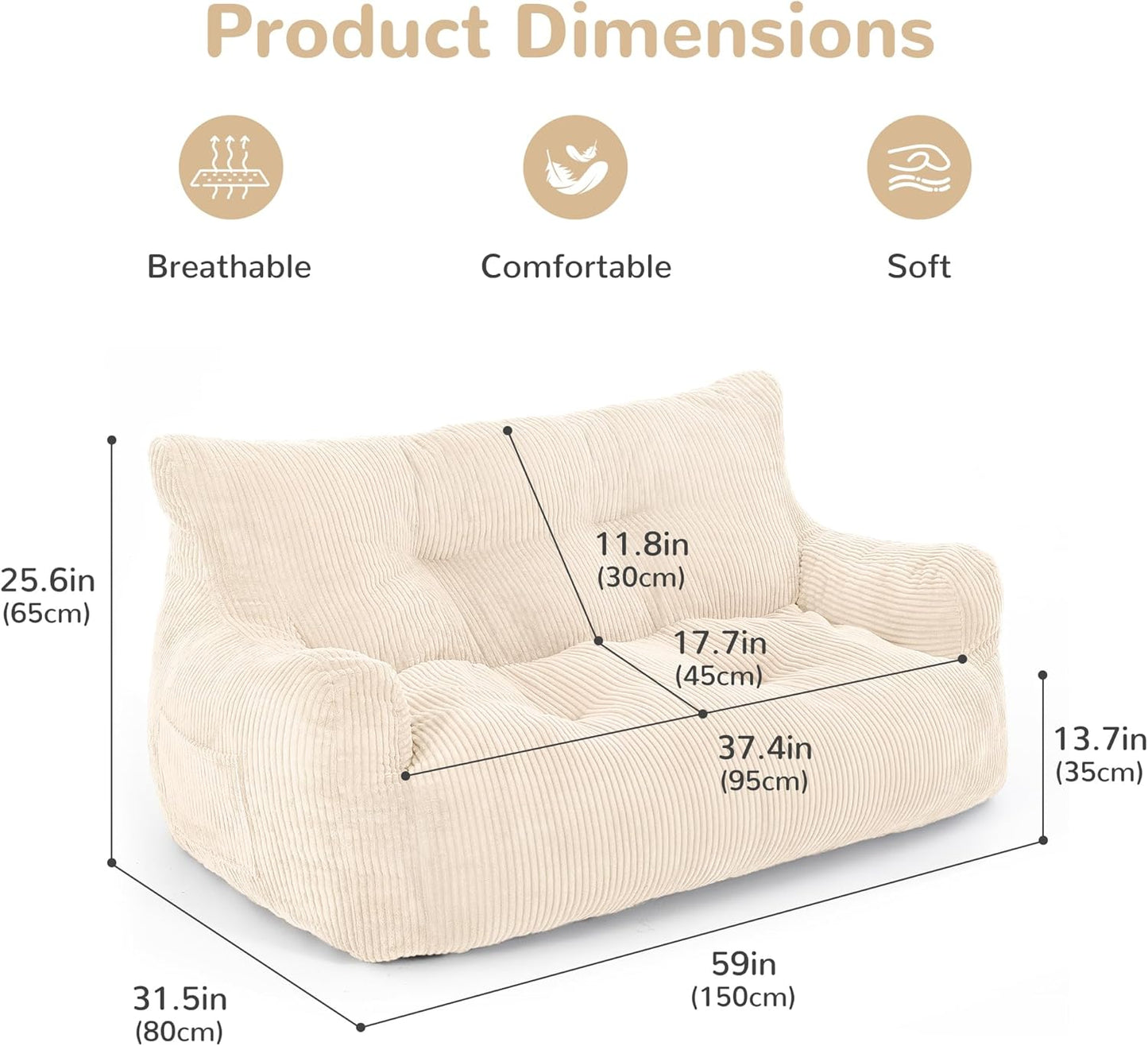 Pamapic Bean Bag Chair,2 Seat Loveseat Sofa,Ultra Soft Dutch Velvet,Fluffy Comfort Washable Cover,Corduroy Lazy Sofa Bed for Adults,Fit Living Room, Bedroom,Outdoor Spaces,White