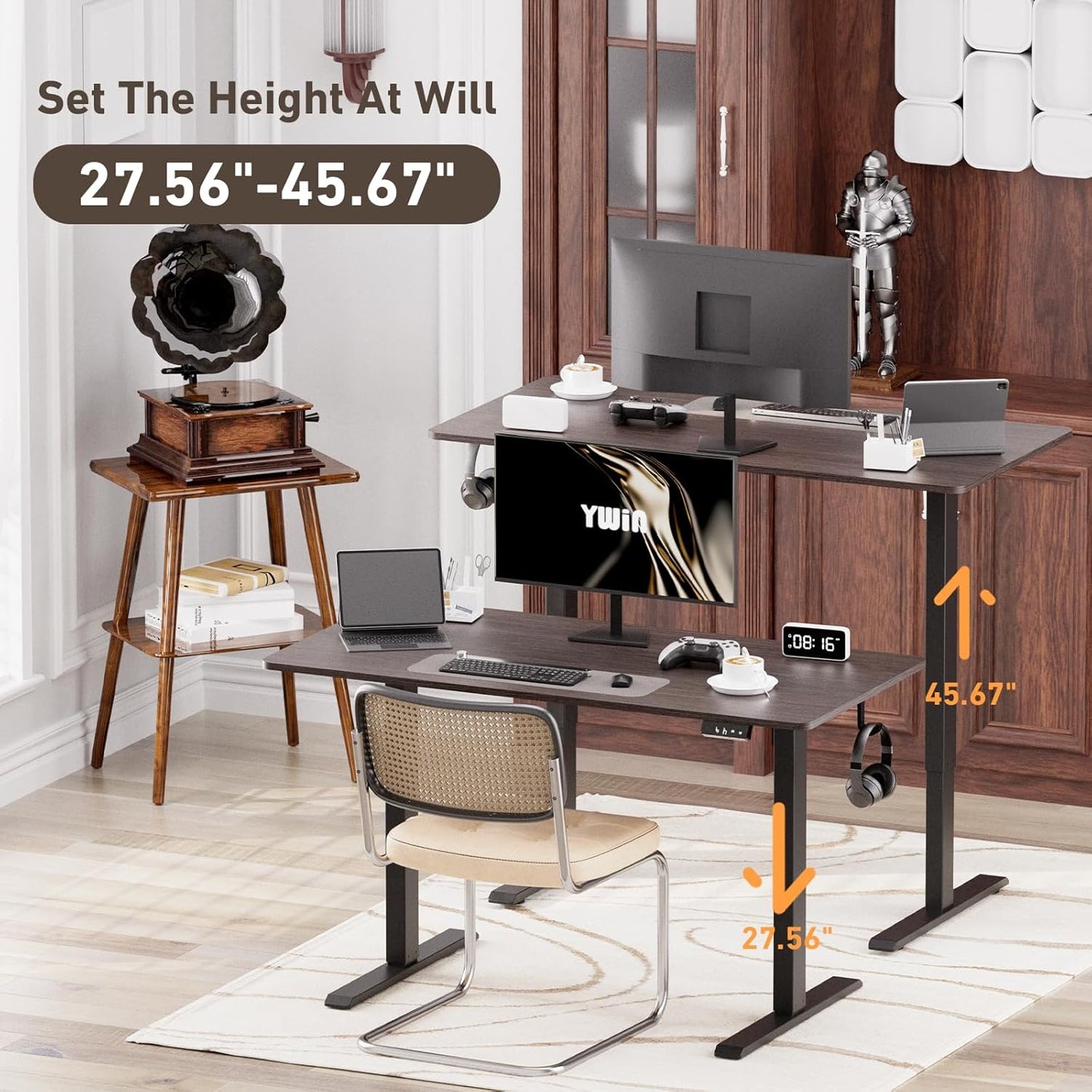 Ywin Electric Height Adjustable Standing Desk with Wheels, 55 x 24 inches Ergonomic Stand Up Desk for Home Office