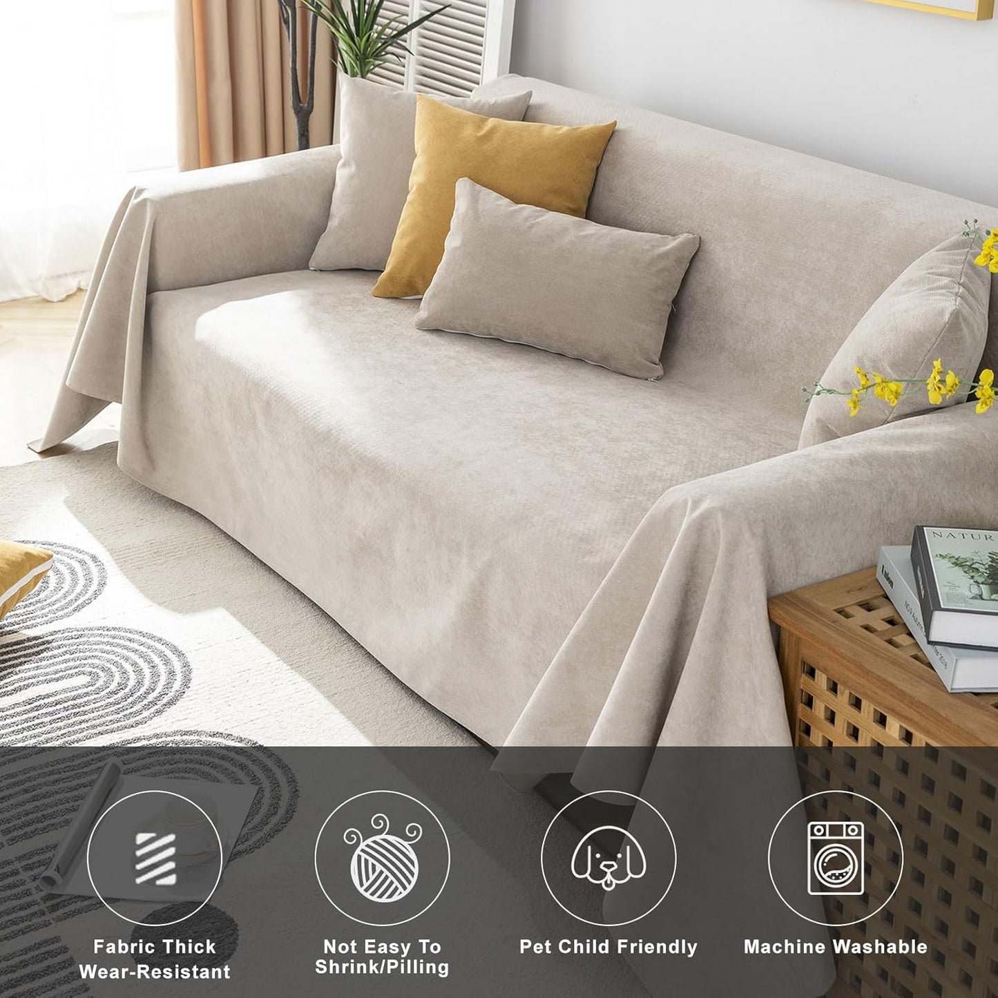 STACYPIK Waterproof Non-Slip Beige Couch Cover for Dogs, Anti-Cat Scratch Sofa Covers for Pets, Non-Slip Couch Covers for 2-3 Cushion Couch, Loveseat for Sectional Sofa, Furniture Protector-71X102IIN