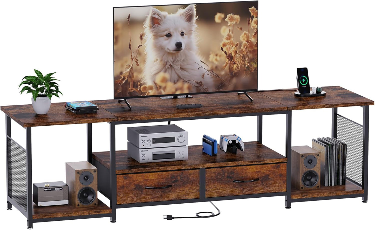 TV Stand with Drawers and Power Outlets for 75 70 65 Inch TV, Entertainment Center with Open Storage Shelves, Industrial Media TV Console Table for Living Room Bedroom Office, Rustic Brown