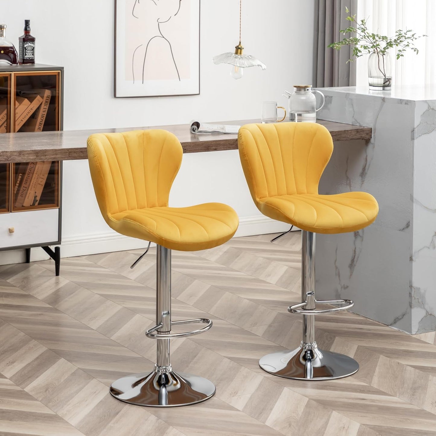 Roundhill Furniture Ellston Velvet Adjustable Swivel Barstools in Yellow, Set of 2