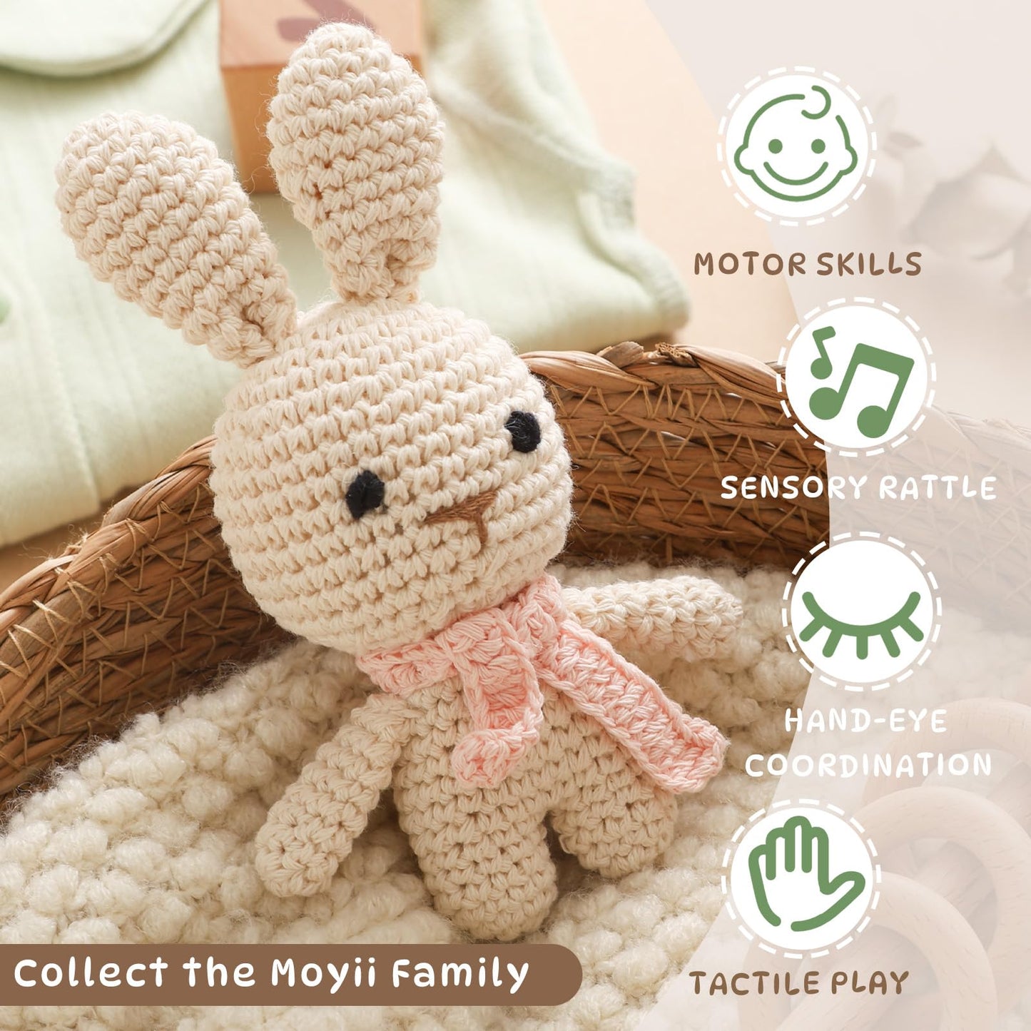 Moyii Handmade Crochet Bunny Baby Rattle - Soft Cotton Amigurumi Sensory Shaker Toy for Newborns & Infants - Easy Grip Lovey Sleep Toy & Neutral Nursery Decor Shower Gift