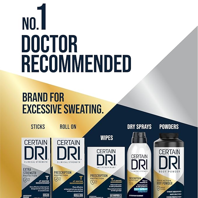 Certain Dri Extra Strength Clinical Solid Antiperspirant, 72-Hour Sweat & Odor Protection for Hyperhidrosis, Maximum-Strength, Powder Fresh Scent, 1.7 oz, (Pack of 3)