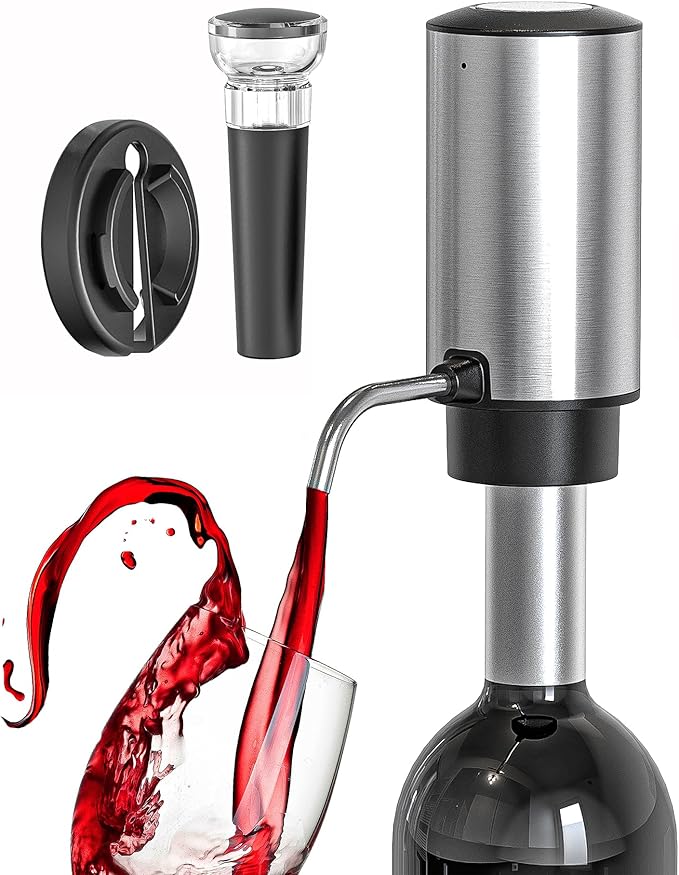 Electric Wine Decanter, Rechargeable Automatic Wine Aerator Wine Dispenser with Foil Cutter, Wine Stopper, Type-C Charging One Touch Wine Pourer for Home Party Wedding, Stainless Steel