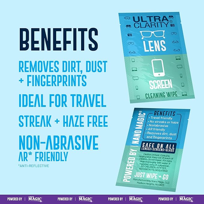 Powered by Nano Magic Lens Cleaner for Eyeglasses and Screens 210 Pack | Optical Grade Pre Moistened Nonabrasive Sheets for Coated Eyeglasses, Sunglasses, Goggles, Optics