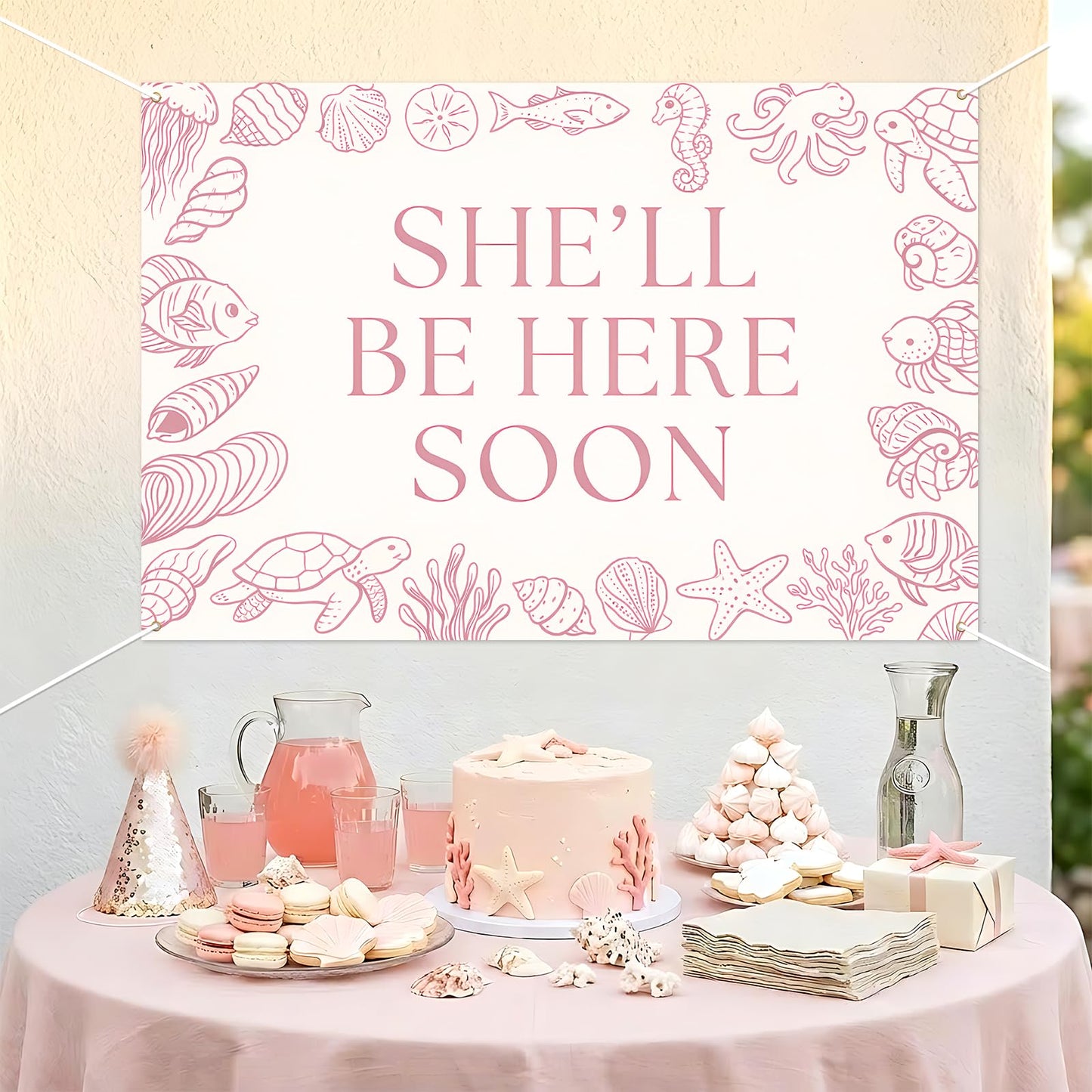 She'll Be Here Soon Backdrop Sea You Soon Baby Shower Decorations Banner Pink Seashell Seahorse Starfish Ocean Animals Photography Background for Girls Under The Sea Baby Shower Supplies 5x3ft