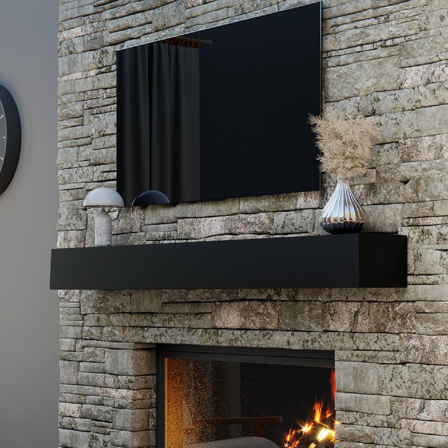 66" Floating Mantel Shelf - Modern White Fireplace Mantel with Matte Lacquer Finish for Living Room Elegance (66", Black)