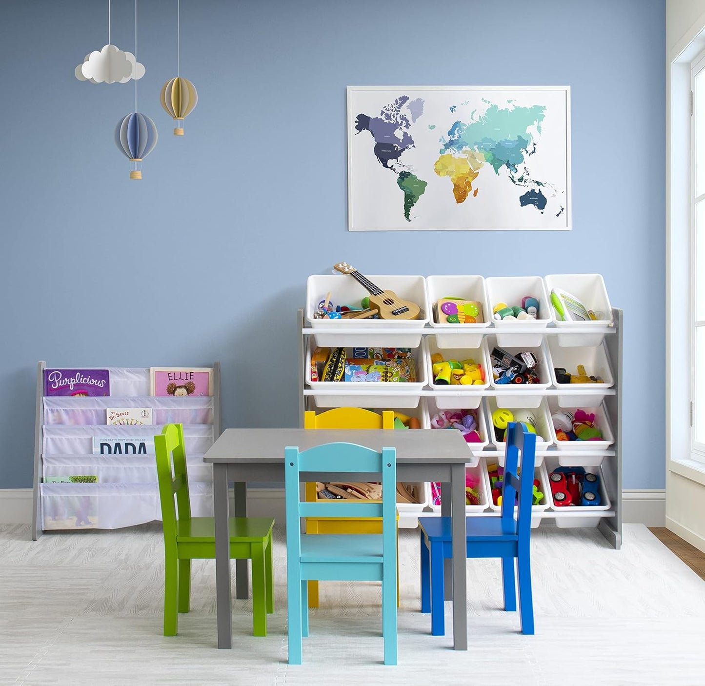 Humble Crew Kids Wooden Table and 4 Chairs Set, Grey/Blue/Green/Yellow - Kids Table and Chair Set for Toddlers and Children for Arts, Crafts, and Snack Time - Sturdy, Durable Toddler Activity Table