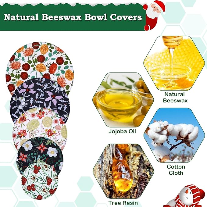 5-Size Beeswax Bowl Covers for Bread Proofing, Reusable Cotton Cloth Bowl Covers, Flexible Beeswax Wraps for Food Storage Christmas Holiday Kitchen Decor(Holly)