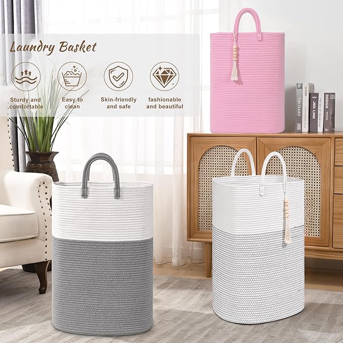 Woven Laundry Basket for Clothes, 65L Large Rectangle Laundry Hampers, Nursery Storage Basket for Toys, Tall Dirty Clothes Hamper for Bedroom Aesthetic, Bathroom, Laundry Room