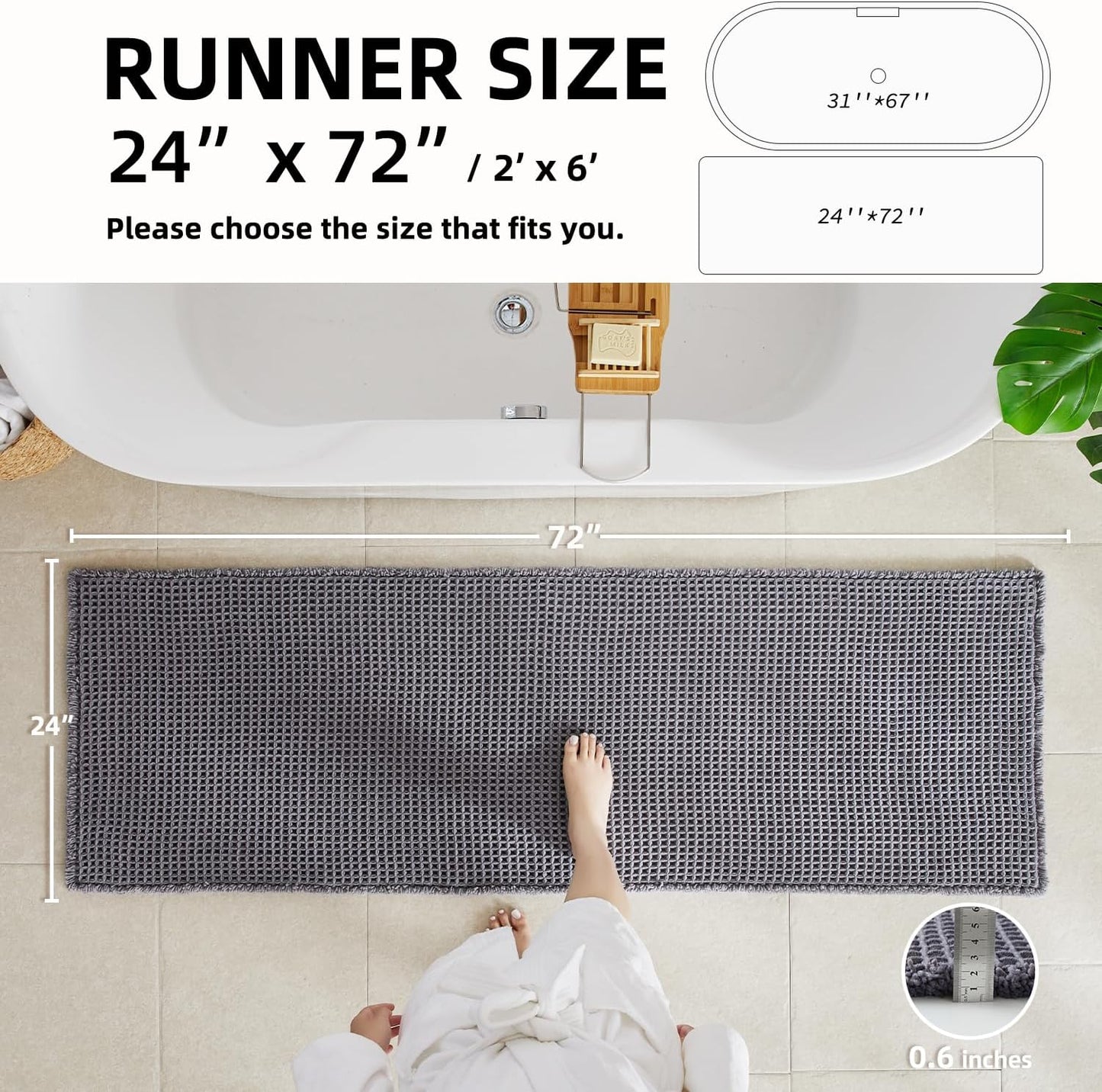 Waffle Runner Rug Bathroom, Long Boho Bathroom Rugs Non Slip Washable Super Absorbent Quick Dry Farmhouse Bath Decor, 72"x24" Grey