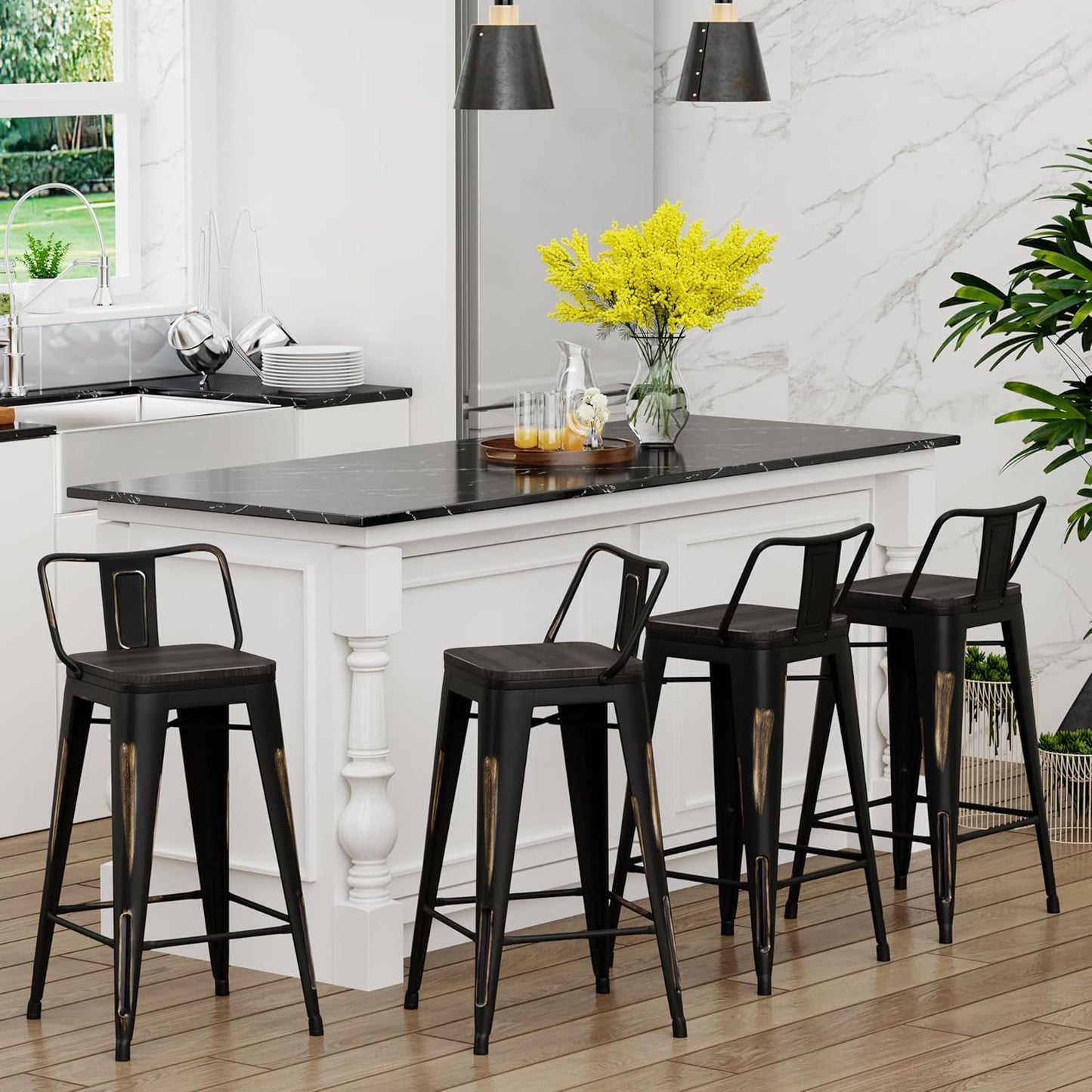 Yongchuang 24" Industrial Metal Barstools Set of 4 Counter Height Bar Stools with Back (24" Seat Height Wood Top Low Back, Distressed Gold)