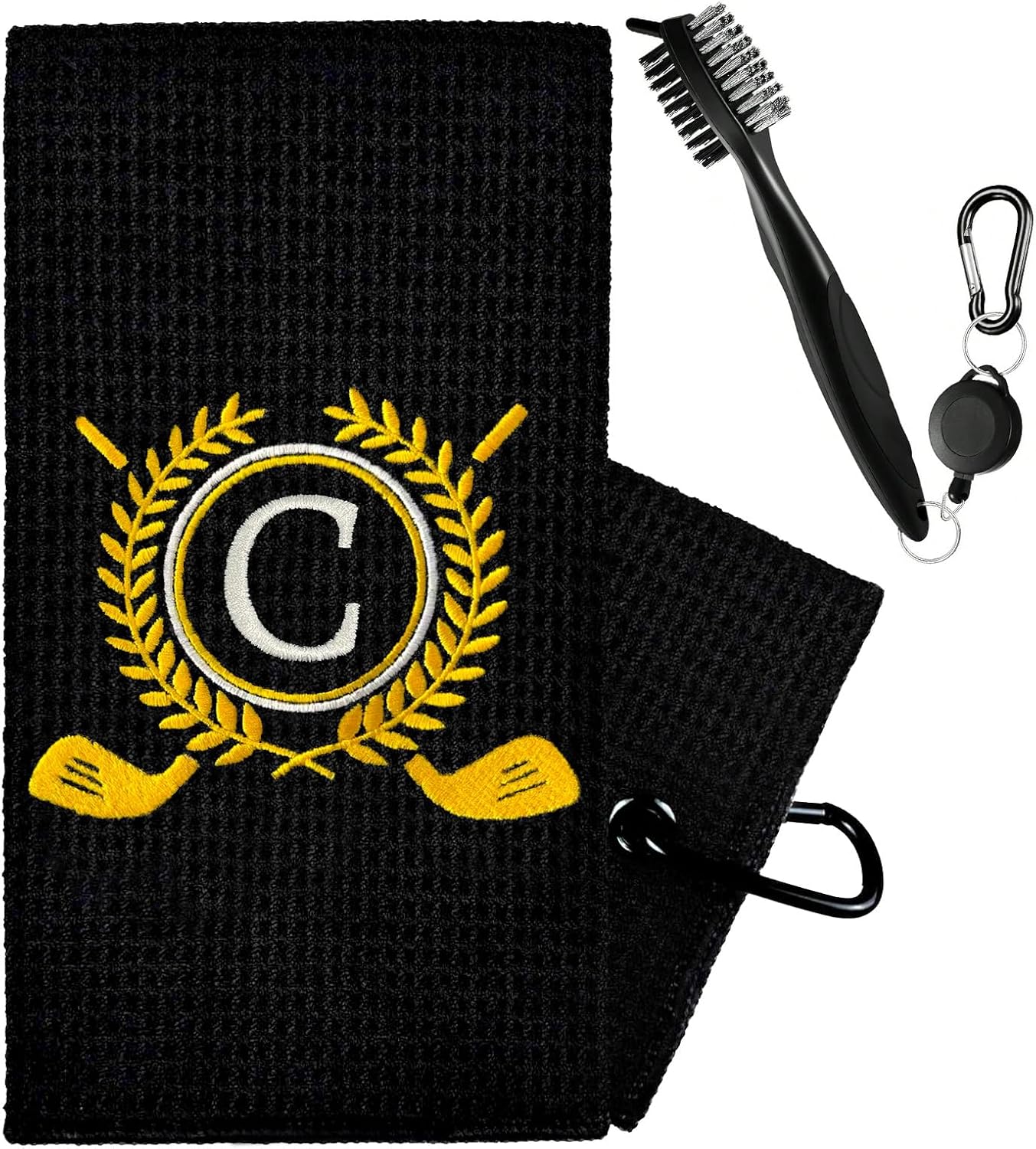 Personalized Golf Towels for Golf Bags - Microfiber Monogrammed Golf Towels for Men/Women, Retractable Brush Tool Kit with Club Groove Cleaner, Custom Golf Accessories for Golfers (Initial C)