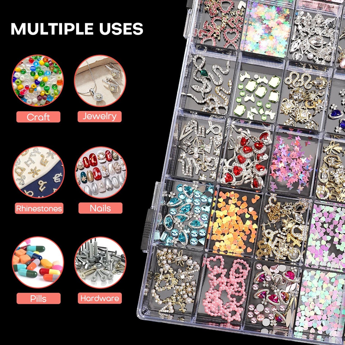 Noverlife 2 Pack 36 Grids Clear Plastic Organizer Box, Jewelry Craft Storage Container Bead Holder Nail Charm Organizer, Rock Collection Box for Fishing Tackles, Acrylic Earring Display Case for Girls