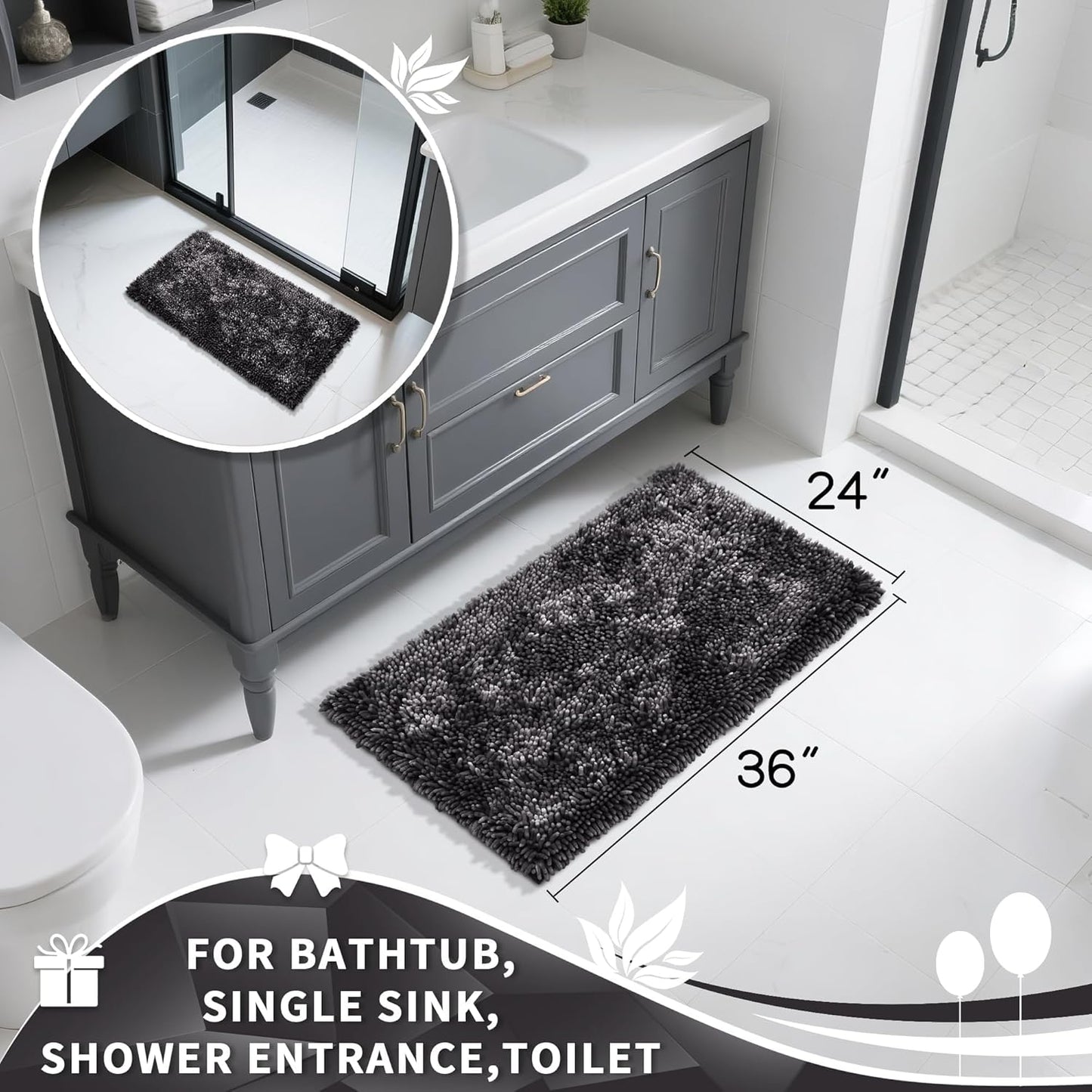 Yimobra Large Bathroom Rug Non Slip 36x24 Inch, Extra Thick Soft Absorbent Chenille Bath Mat, Machine Washable Quick Dry Bath Rugs for Bathroom Floor, Tub and Shower, Home Decor Accessories, Dark Grey