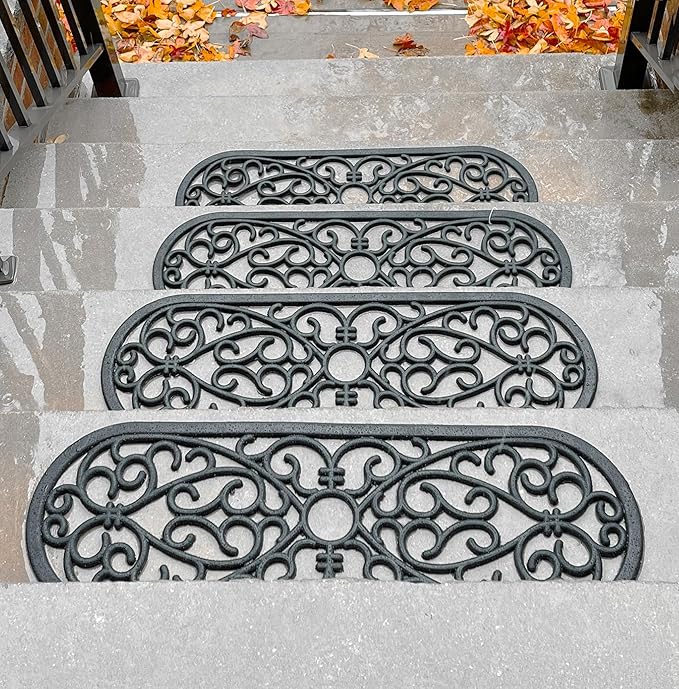 Set of 4 Rubber Stair Tread Mats 30 x 10 Inch Anti-Slip Outdoor Rug, Black – Scroll Pattern