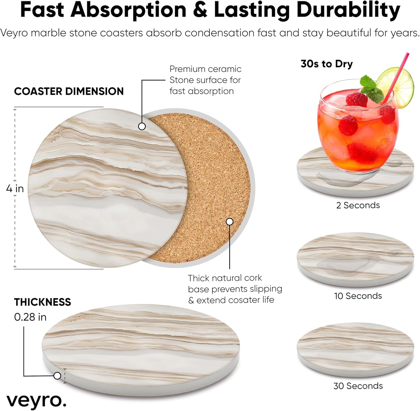 VEYRO Coasters Set of 6 for Drinks – Absorbent Ceramic Stone Drink Coasters with Cork Backing for Coffee Table & Desk, Modern Marble Look Cup Coaster Set, Housewarming Gift for New Home