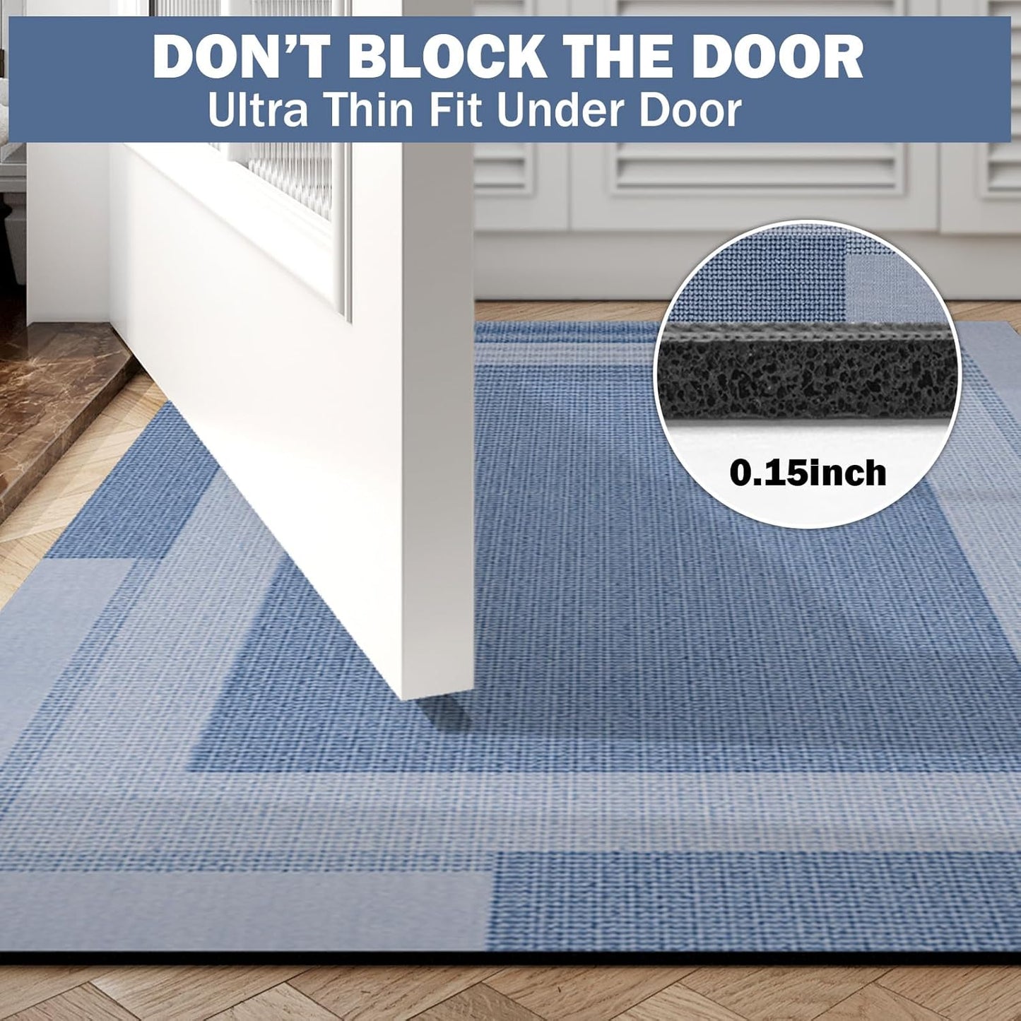 Non Slip Long Bath Mat Bathroom Runner, Rubber Backing Ultra Thin Bathroom Rugs Fit Under Door Quick Dry Super Absorbent Washable Bath Rug Shower Mat for Bathtub Sink Floor, Blue 17"x47"