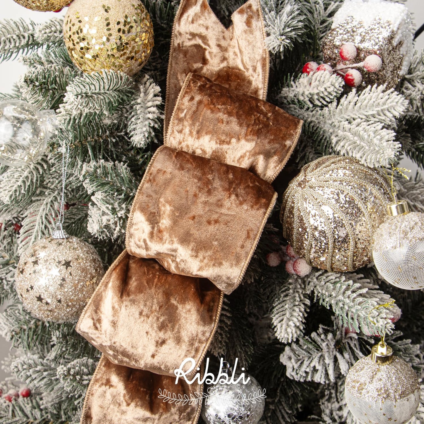 Ribbli Camel Velvet Wired Ribbon 4 Inch Crushed Velvet Christmas Ribbon for Gift Wrapping Christmas Tree Decoration Crafts Wreaths Supplies-Continuous 10 Yards
