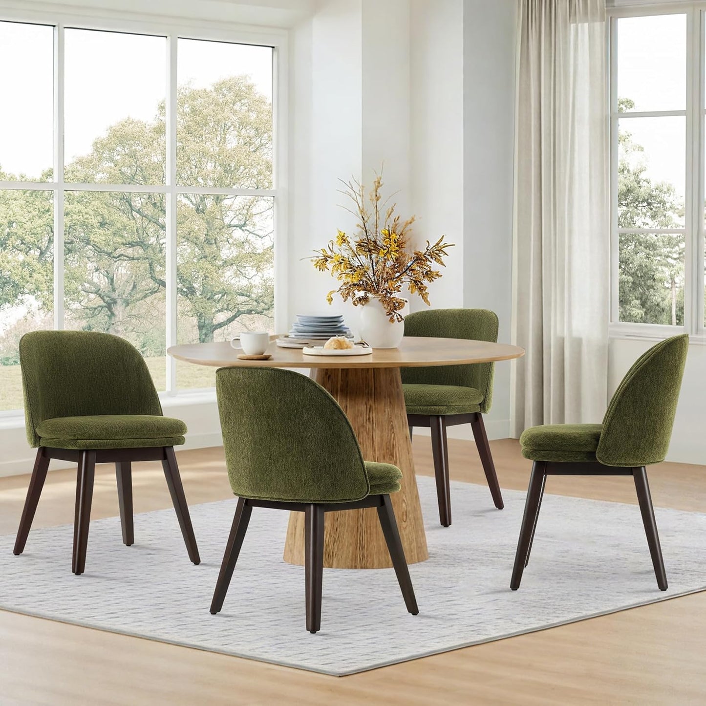 Wooden Dining Chairs Set of 2, Fabric Upholstered Modern Dining Room Chairs with Double-Layer Thick Seat Cushion & Ergonomic Backrest for Restaurant, Kitchen and Café, Green
