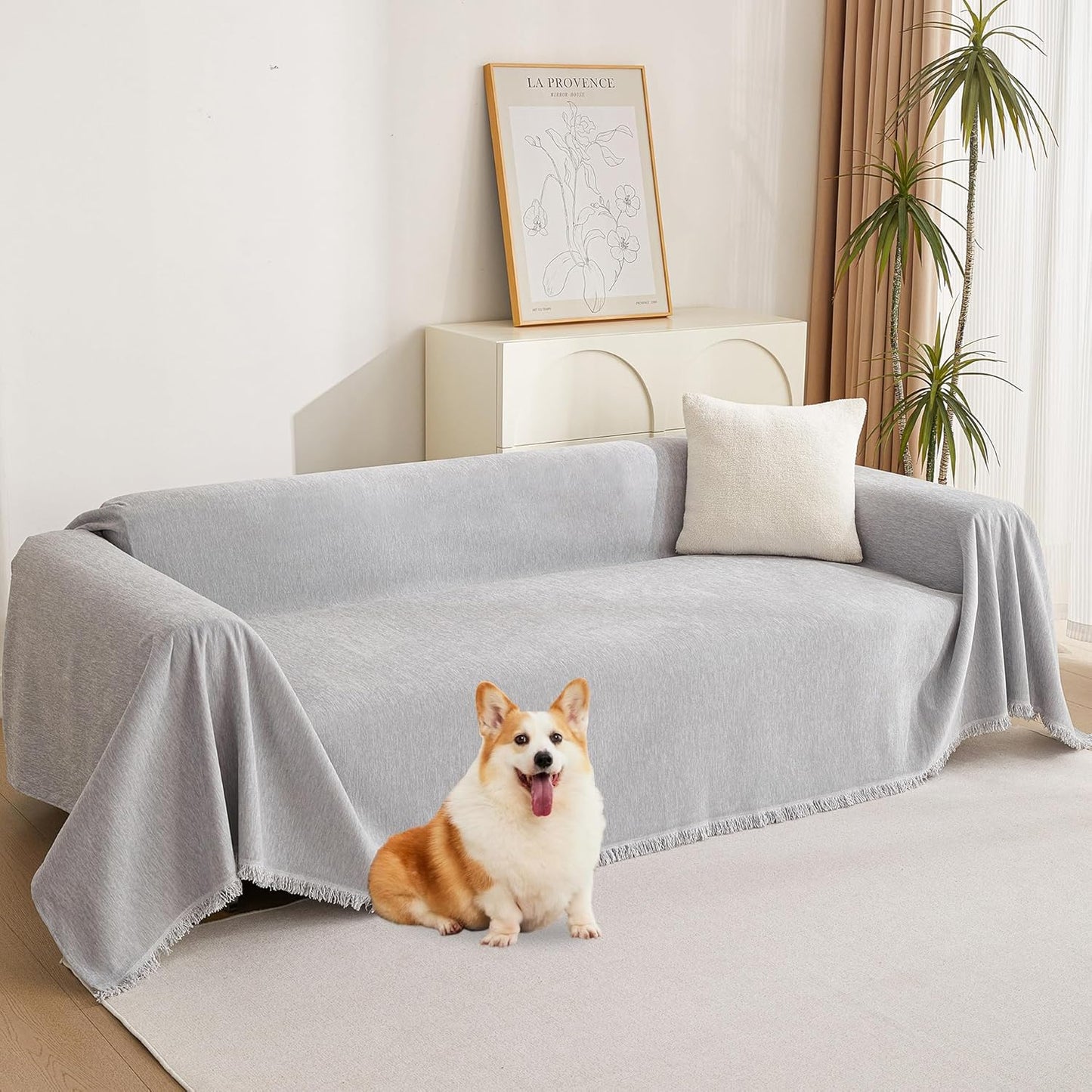 MYSKY HOME Couch Cover for Pets Light Grey Couch Covers for 2 Cushion Couch Sofa Simple Tassel Sofa Covers for Loveseat L Shaped Chenille Couch Cushion Covers for Dogs Kids Easy Install,91" X118"