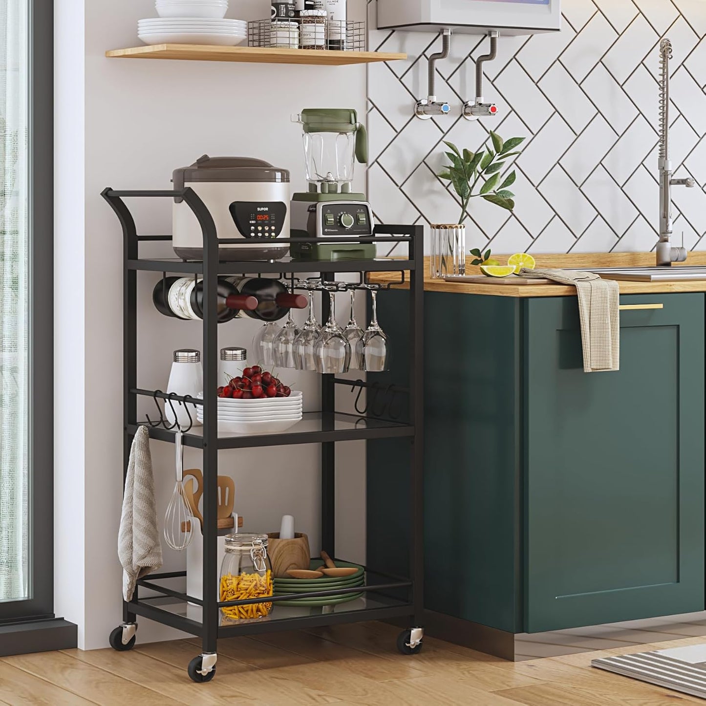 TUTOTAK Bar Cart, Home Bar Serving Cart with 3-Tier Mirrored Shelf, Mobile Kitchen Shelf, Rolling Beverage Cart, Black BC01BK034