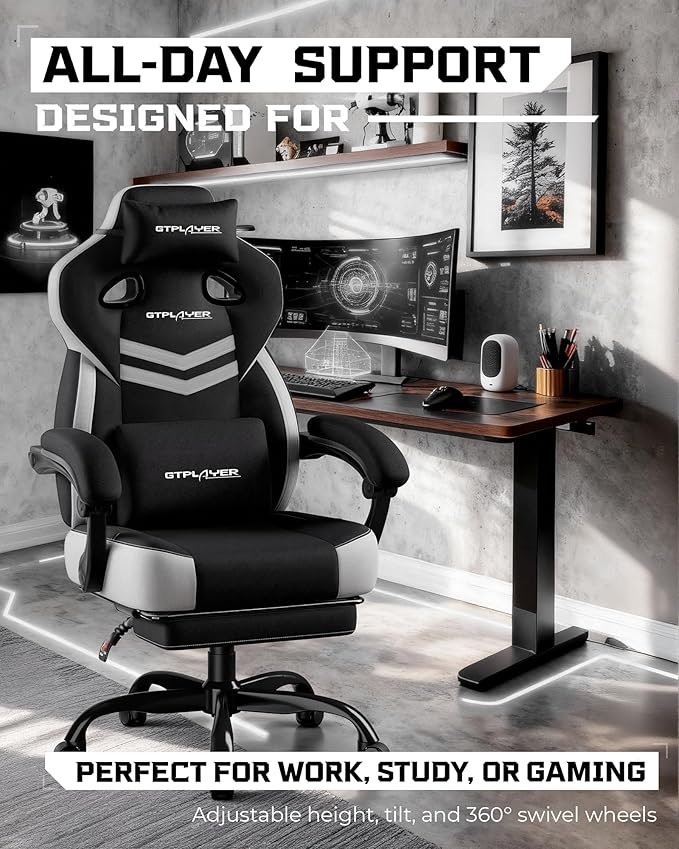 GTPLAYER Gaming Chair, Computer Chair with Footrest and Lumbar Support for Adults, 360°-Swivel Big & Tall Reclining Seat for Office or Gaming (Black&White)