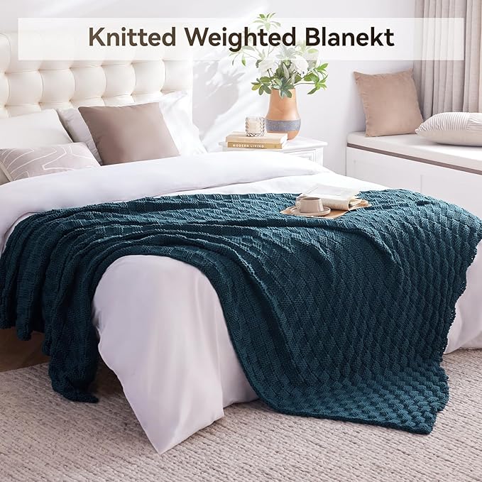 Knitted Weighted Blanket for Adult, No Beads Heavy Blanket 48” x 72'' 15lbs, Breathable Chunky Knit Blanket, Cooling Weighted Blanket for Hot Sleepers, Christmas Home Decor (Peacock Blue)