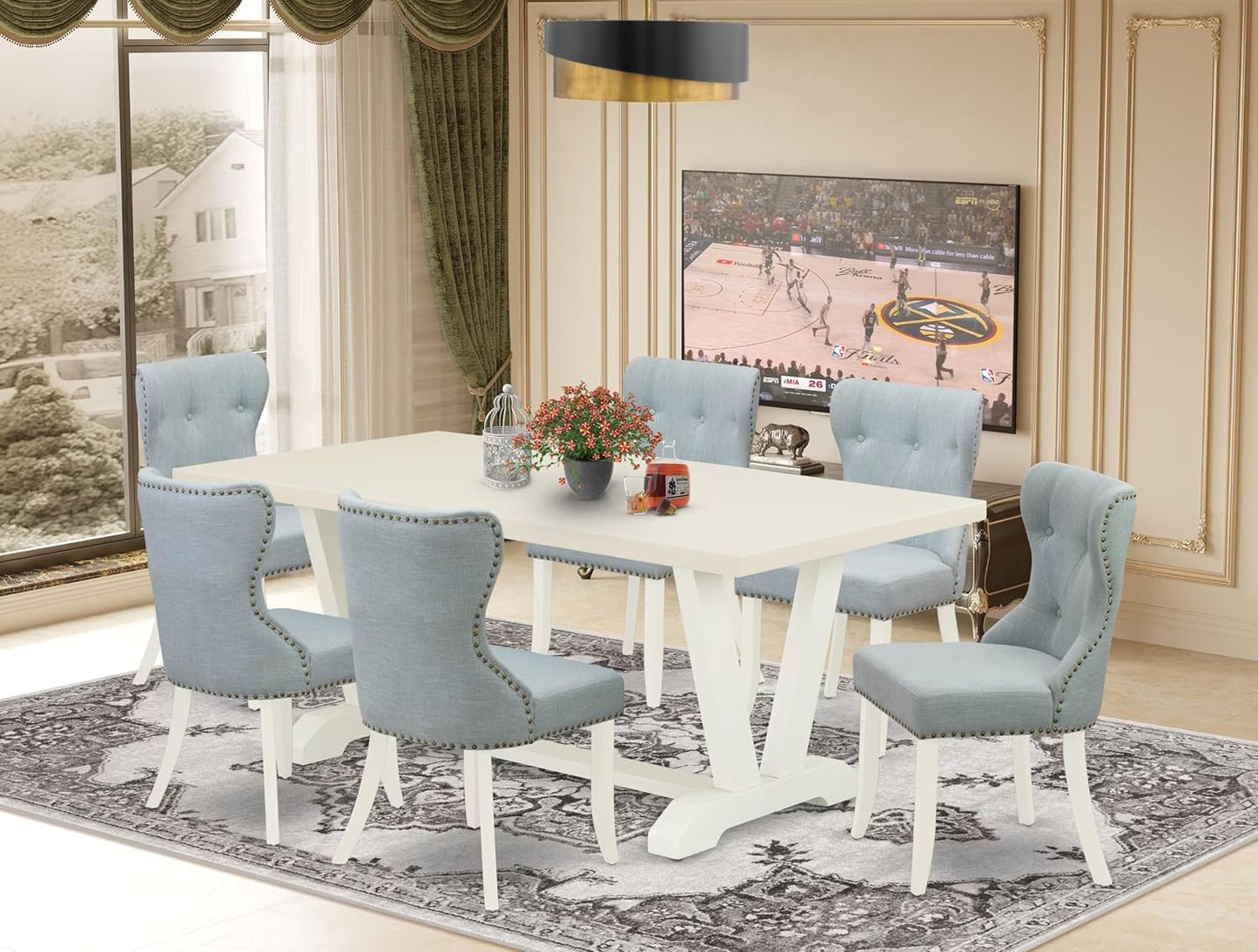 East West Furniture V027SI215-7 7 Piece Dining Room Table Set Consist of a Rectangle Kitchen Table with V-Legs and 6 Baby Blue Linen Fabric Parson Dining Chairs, 40x72 Inch, Multi-Color