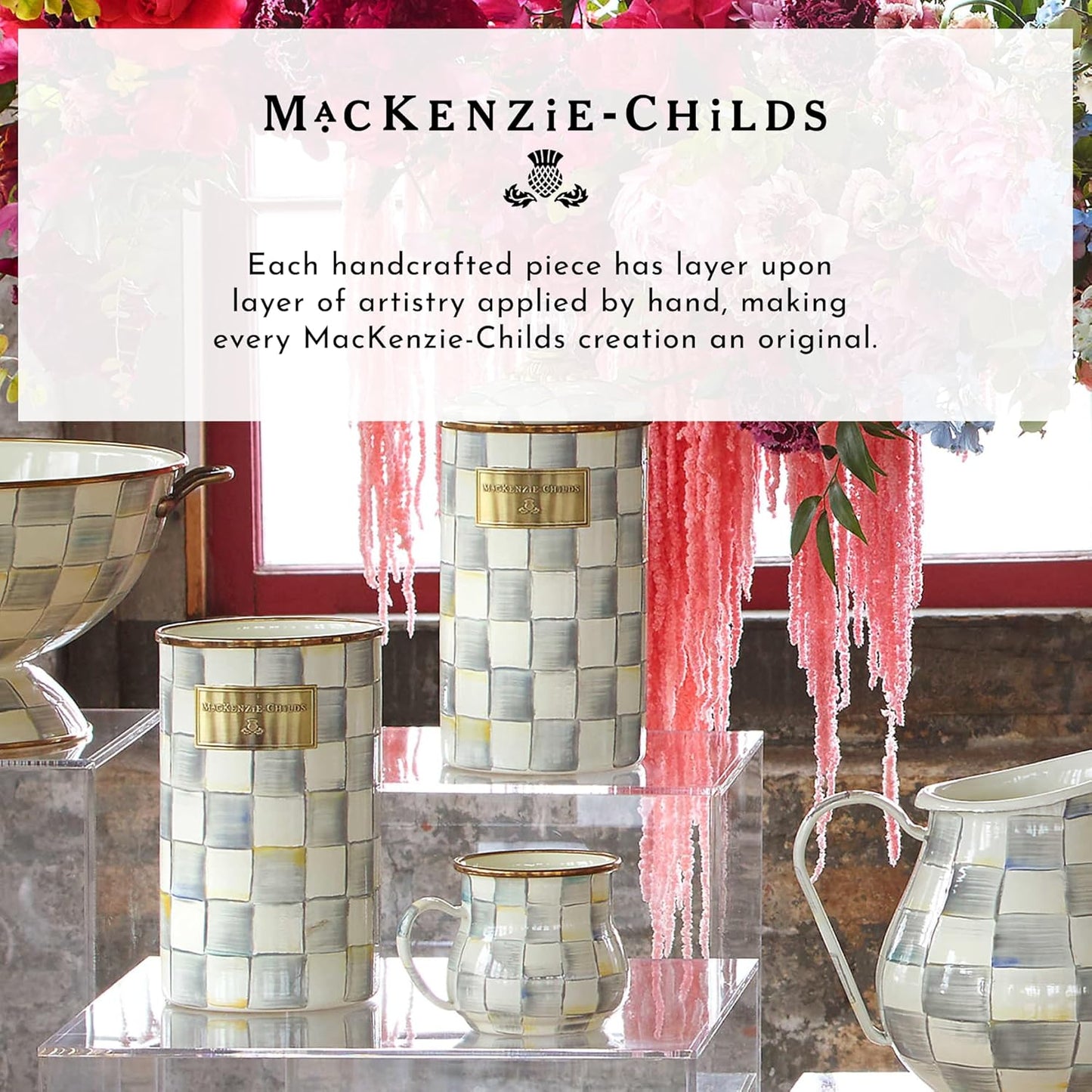 MACKENZIE-CHILDS Enamel Everyday Bowl, Serving Bowl for Entertaining, Medium, Gray-and-White Sterling Check, Set of 1