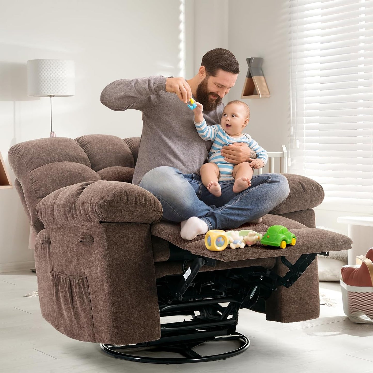 Rocking Recliner Chair,360° Swivel Rocker Chair for Living Room,Upholstered Fabric Glider Nursery Chair with Side Pockets for Small Spaces,Q235 Steel Frame Lazy Boy Recliner Single Sofa(Brown)