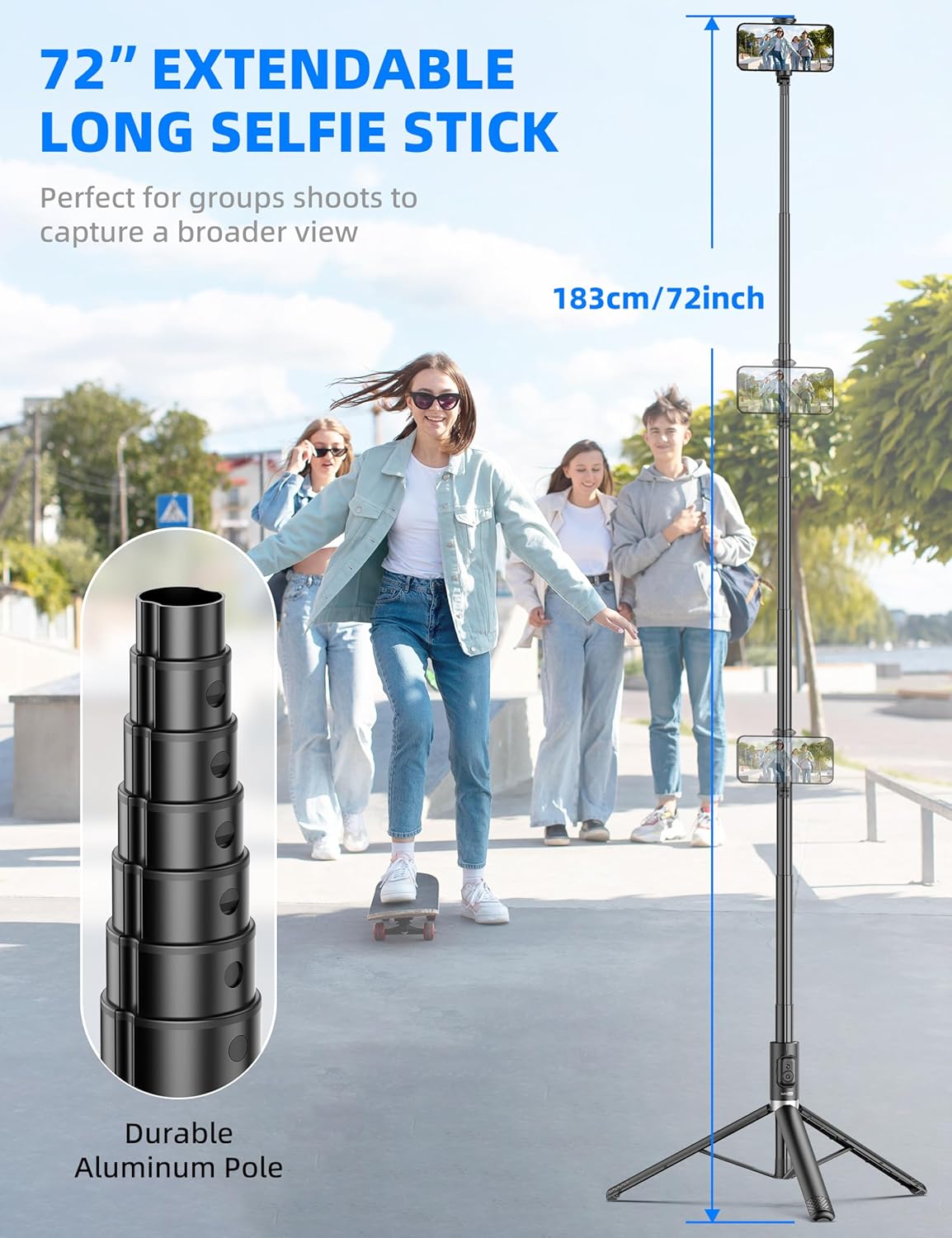 72" Cell Phone Selfie Stick Tripod, Aluminum All-in-1 with Integrated Remote, Portable Extendable Smartphone Stand Compatible with iPhone 15/14/13/Android