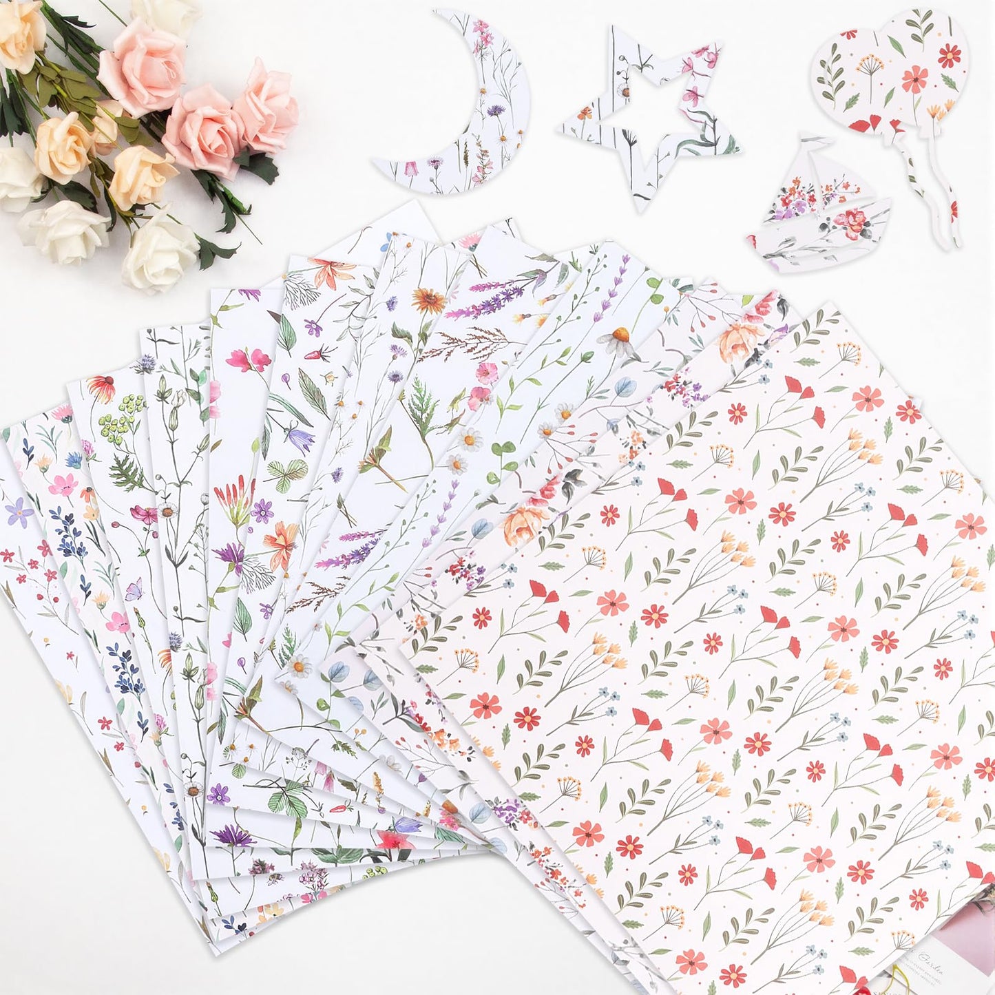 24 Sheets Floral Scrapbook Paper, Double Sided Patterned Scrapbook Paper, Wildflower Decorative Cardstock for DIY Crafts, Card Making, Photo Album, Junk Journal（12 x 12 Inch)