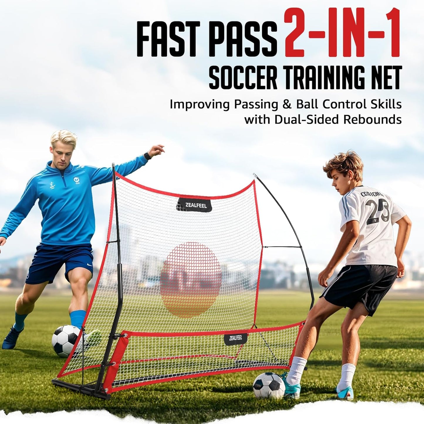 Soccer Rebounder, 2-in-1 Soccer Rebound Net, 6'x4.7' Large Net & 6'x16" Small Net, Soccer Bounce Back Net Practice for Team Volley Passing Solo Training, Football Trainer with Carry Bag Cones
