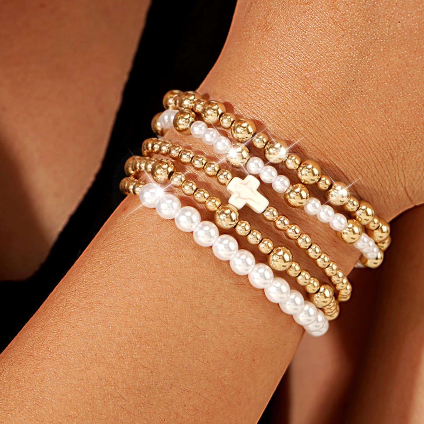 Harry and Henry Gold Beaded Bracelets for Women Gold Pearl Elegant Stackable Bracelets Set Trendy Jewelry Gifts Birthday Valentines Day Gifts for Women