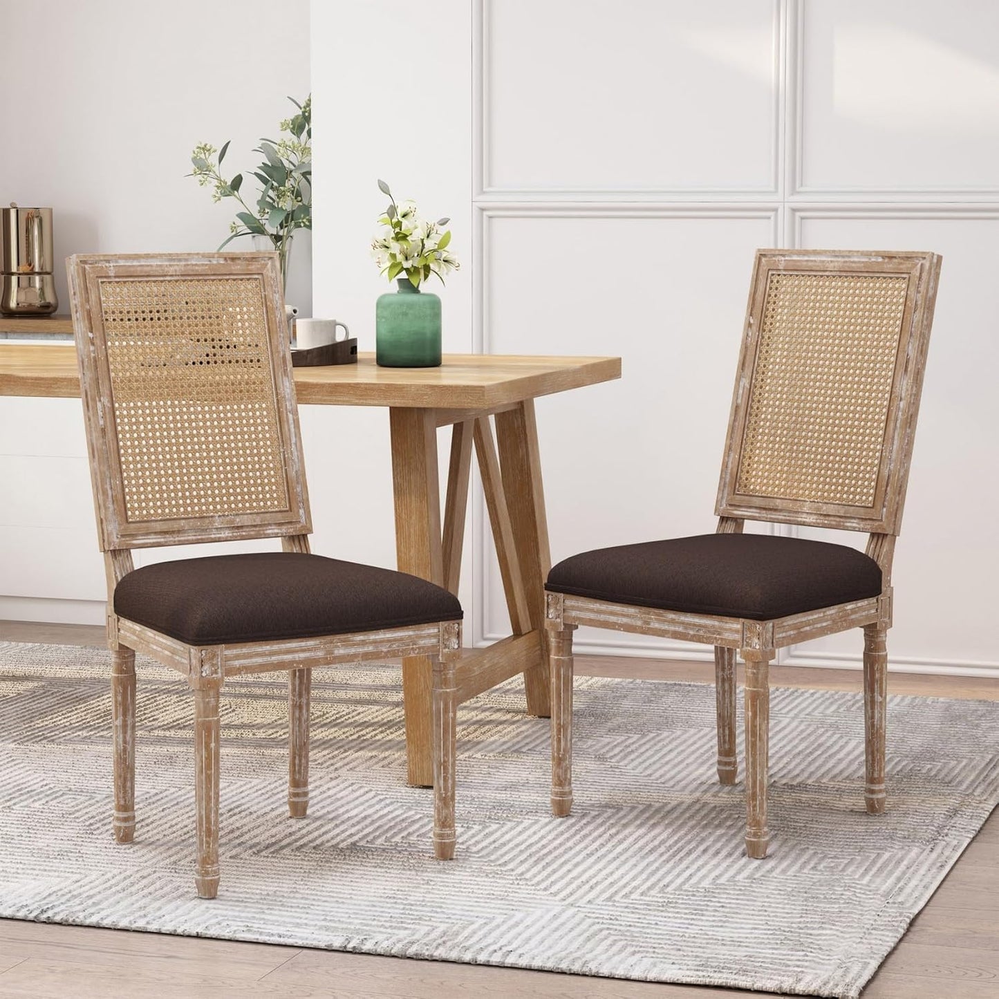 Merax Upholstered Solid Wood Dining Chairs Set of 2, French Country Style Accent Side Seating Furniture for Kitchen, Living Room, Wicker Back, Brown