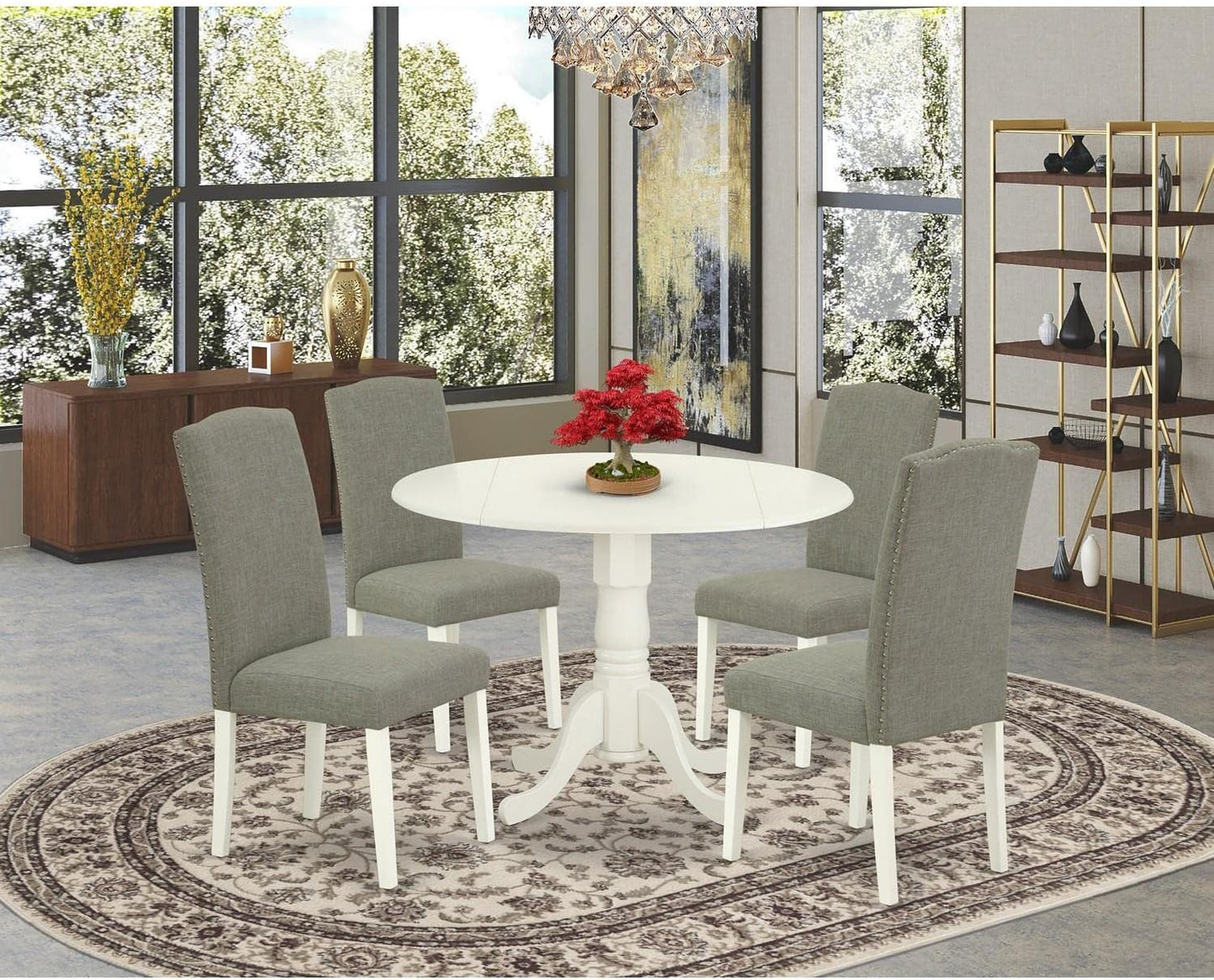 East West Furniture DLEN5-LWH-06 5 Piece Kitchen Table & Chairs Set Includes a Round Dining Table with Dropleaf and 4 Dark Shitake Linen Fabric Upholstered Chairs, 42x42 Inch, Linen White
