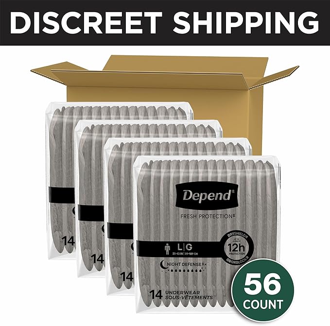 Depend Night Defense Adult Diapers, Incontinence Underwear for Men, Disposable, Overnight, Large, Grey, 56 Count (4 Packs of 14), Packaging May Vary