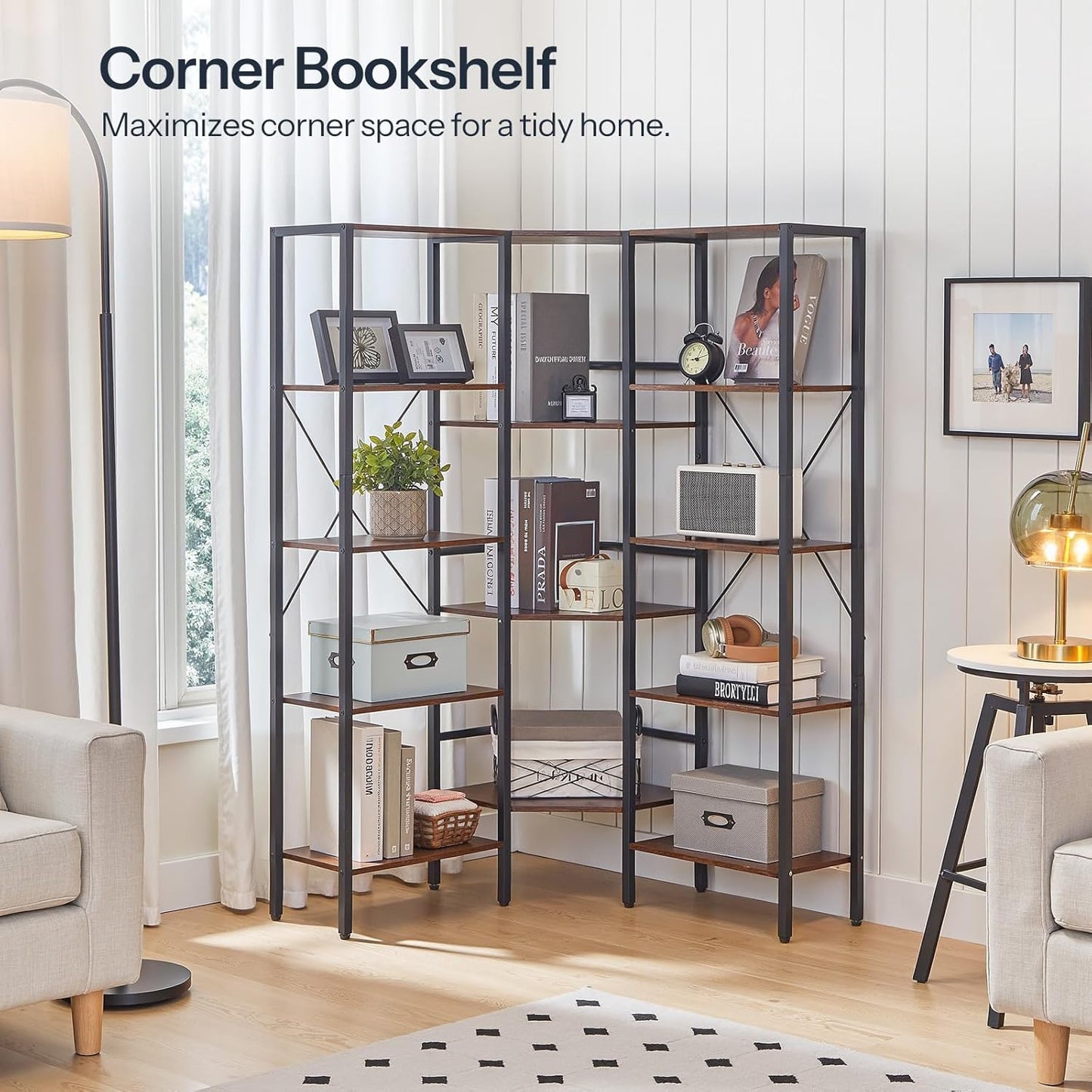 HOOBRO Industrial Corner Bookshelf, 5-Tier L-Shaped Bookcase, Open Display Storage Rack, Floor Standing Storage Shelf, for Living Room, Bedroom, Home Office, Rustic Brown and Black BF68SJ01