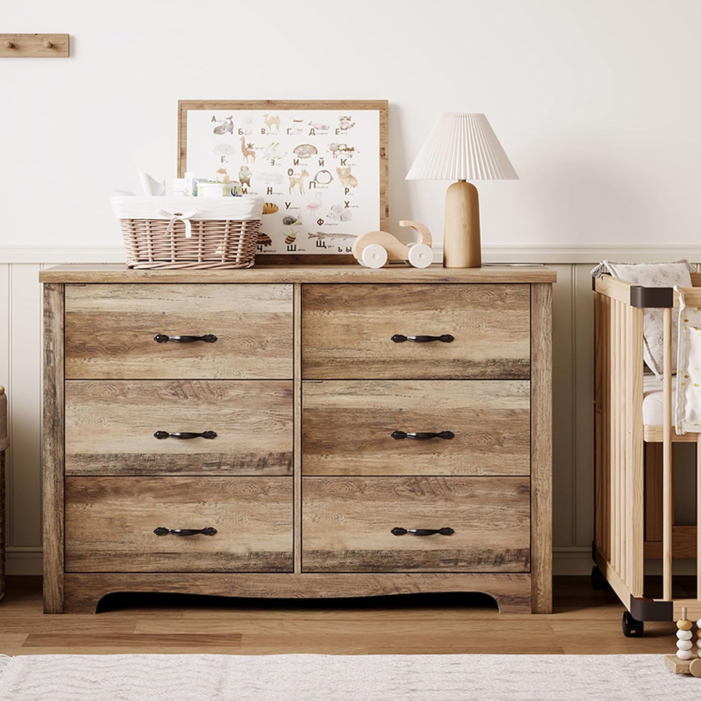 LINSY HOME 6 Drawers Dresser for Bedroom, 47" Wide Rustic Wood Dressers & Chests of Drawers, Modern Farmhouse Storage Dresser with Antique Handles for Closet, Living Room, Hallway, Rustic Brown