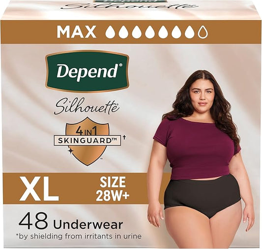 Depend Silhouette Adult Diapers, Incontinence & Postpartum Bladder Leak Underwear for Women, Maximum Absorbency, Extra Large, Black, 48 Count (2 Packs of 24), Packaging May Vary