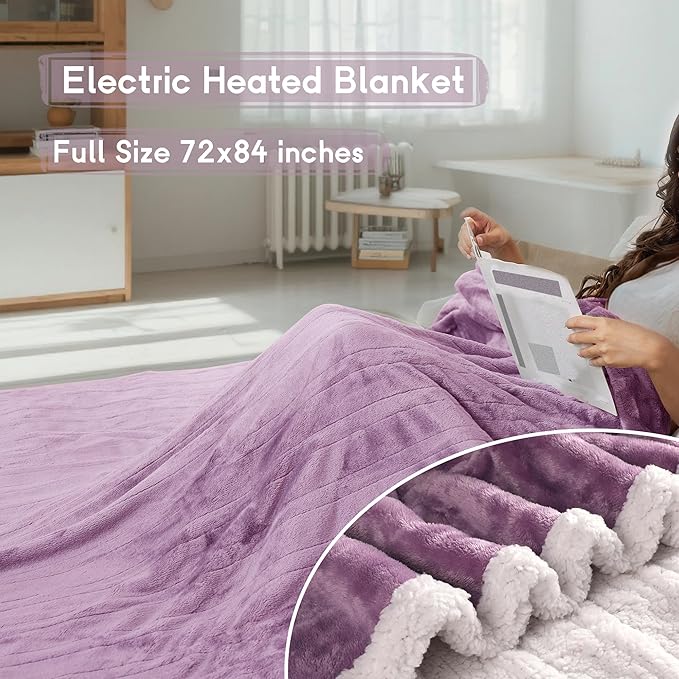 Heated Blanket Electric Blanket Full Size 72''x84'' with 9 Heating Levels, 1-10 Hour Auto Shut Off, Machine Washable, Flannel & Sherpa Soft Warming Blanket for Couch, Bed, Office - Purple
