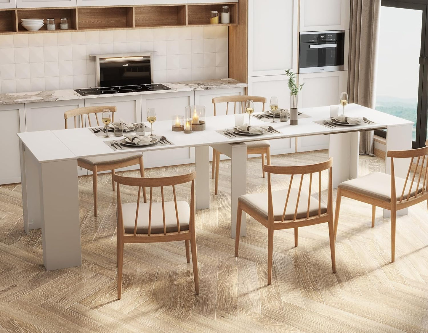 KEIKI 20"-118.5" L Extendable Foldable Dining Room Table for 1-10 People, Wood Multifunctional Rectangle Expandable Console Kitchen Living Meeting Room Furniture, 6 Tabletop Length Options, White