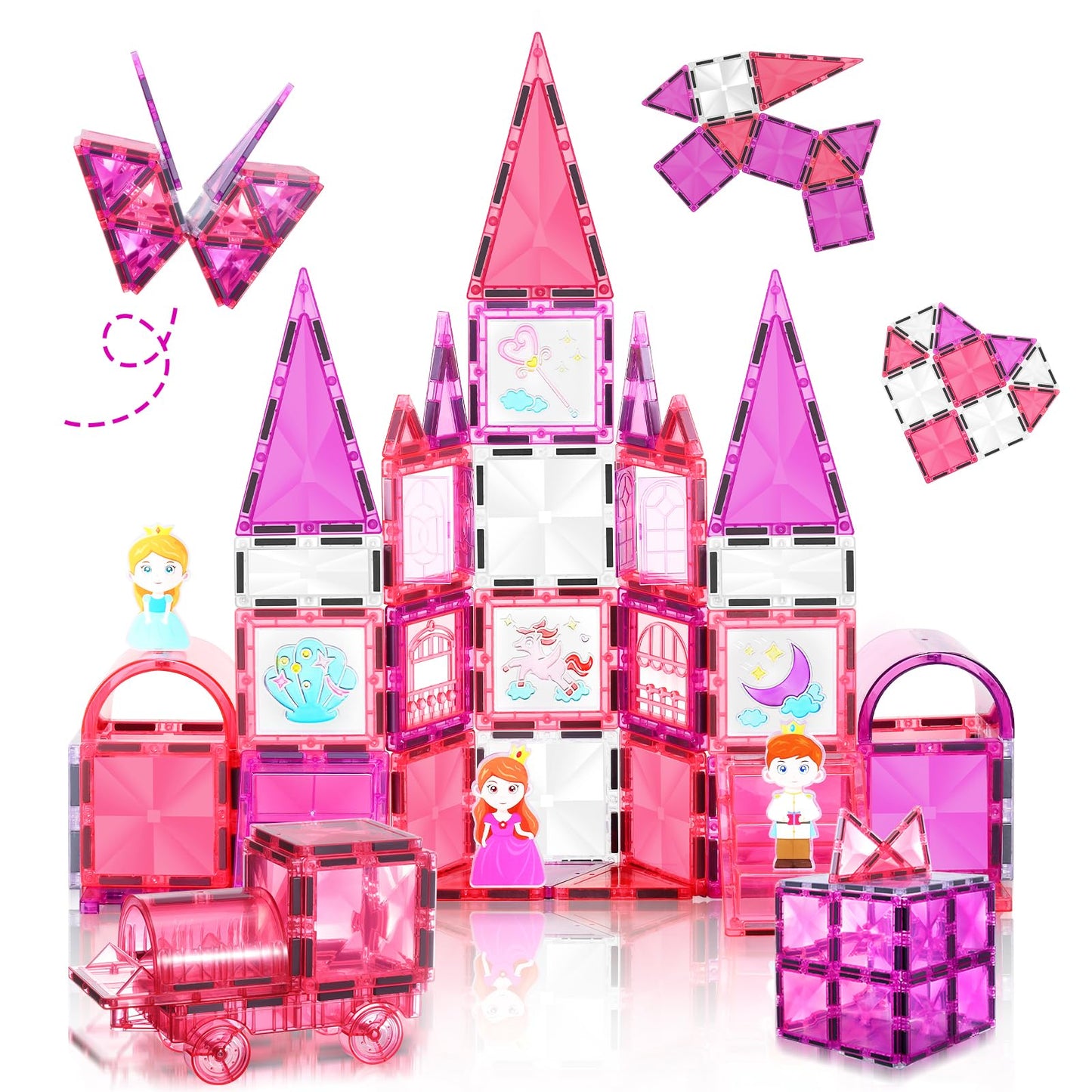 W WISE BLOCK 101PCS Magnetic Blocks Set Including Cars and Accessories, Princess Magnet Building Tiles Sets, Castle Magnet Blocks STEM Toys for Girls Kids Ages 3 4 5 6 7 8 9+ Year Old
