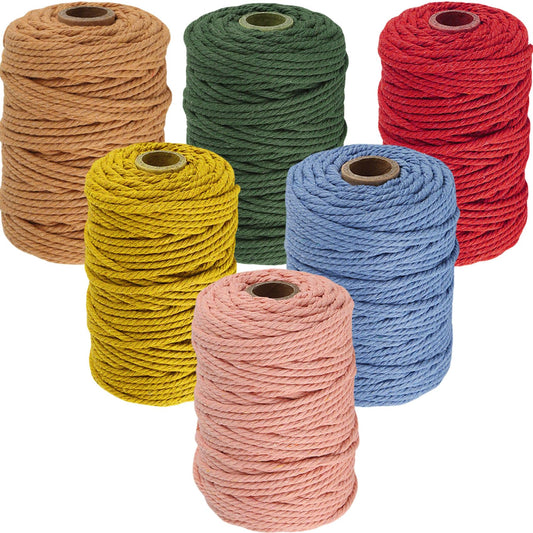 6 Rolls Macrame Cord, BetterJonny 3mm x 328 Yards Colored Macrame Rope, 4 Strand Twisted Cotton Rope Macrame Yarn, Colorful Cotton Craft Cord for Wall Hanging, Plant Hangers, Knitting, DIY