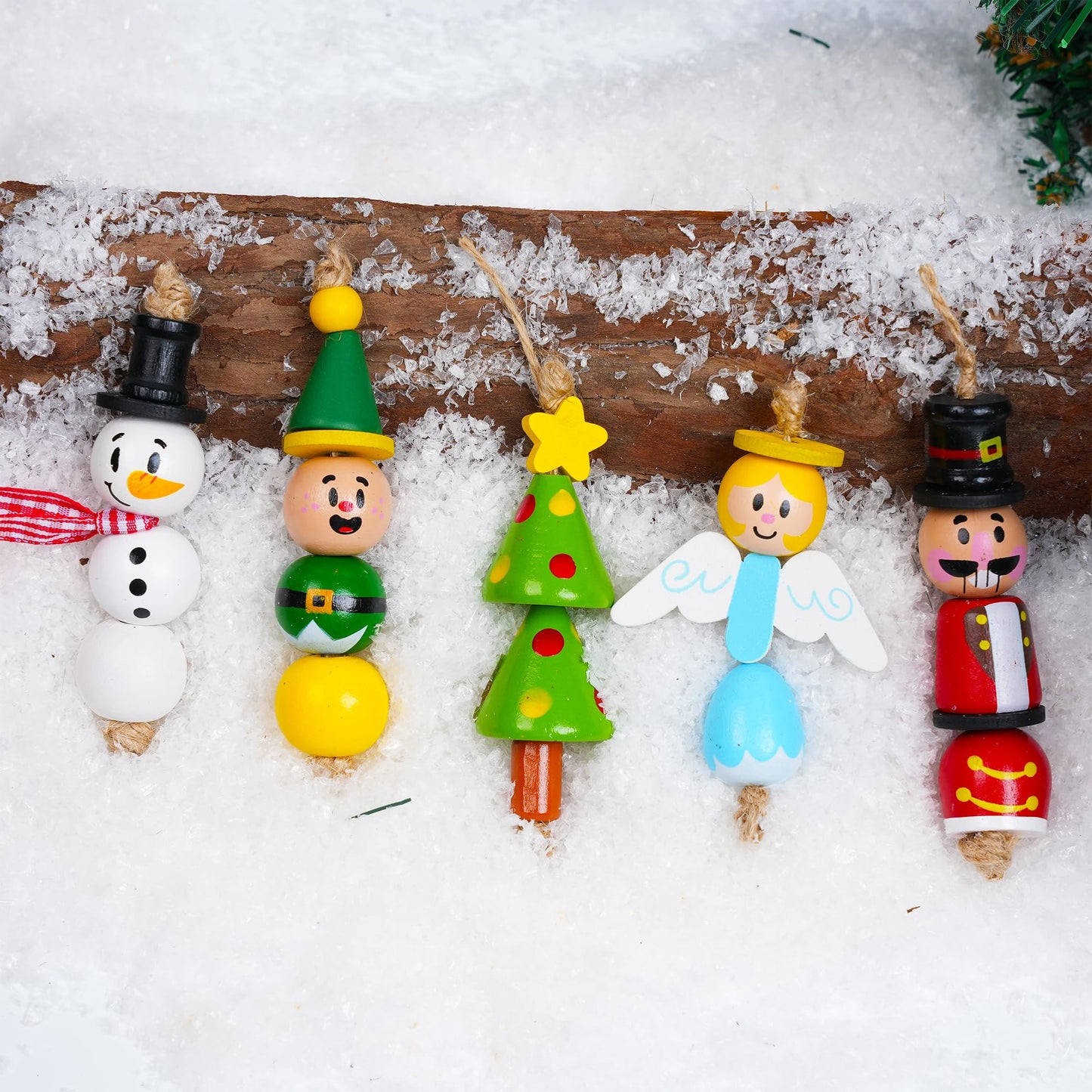 JOYIN 202 Pcs Christmas Wooden Beads Craft Kit, DIY Wood Bead Printed Ornaments Make Snowman, Santa Claus, Angel, Nutcracker, Tree for Christmas Hanging Decoration Holiday Xmas Art Activities for Kids