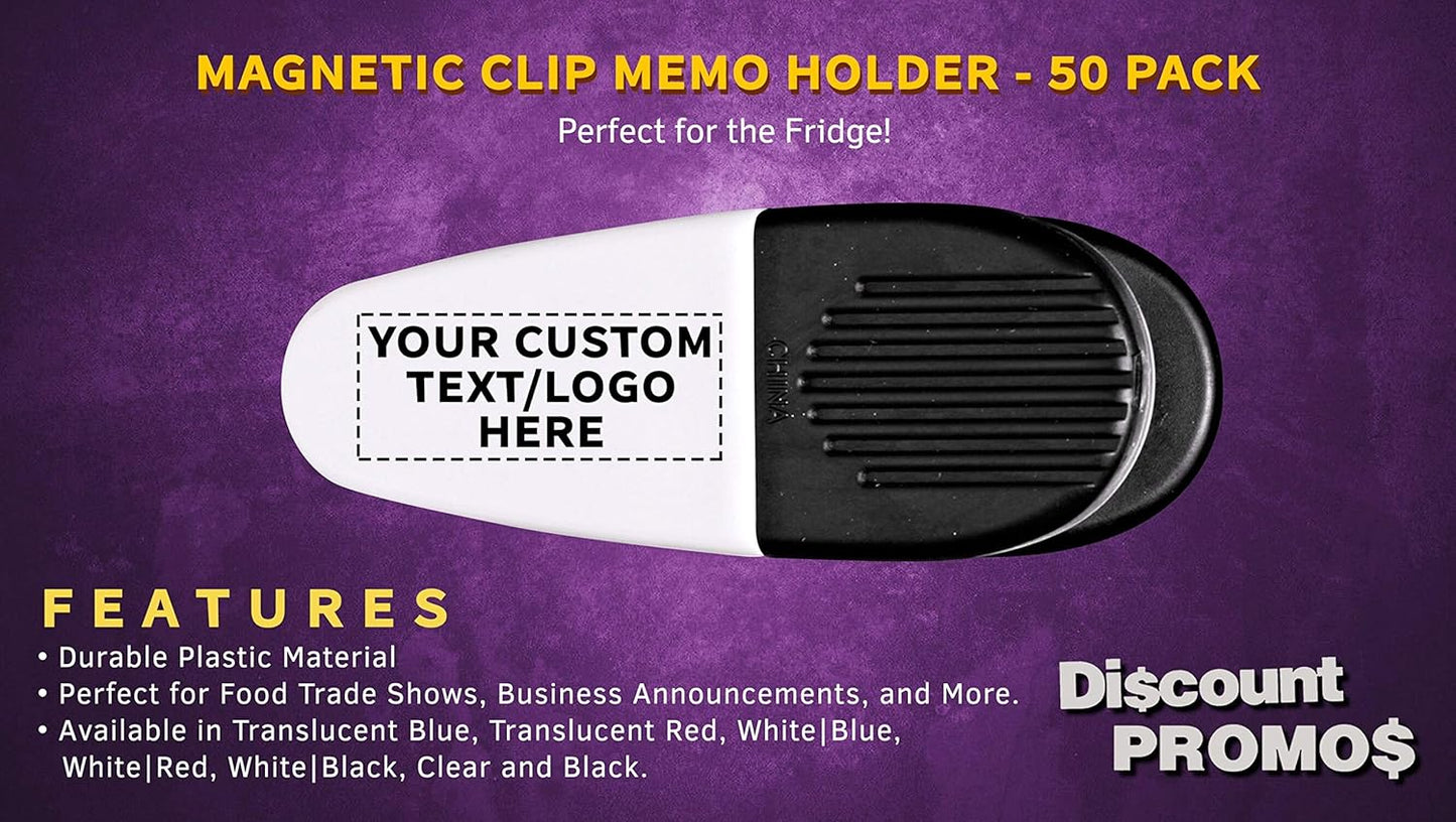 50 Magnetic Memo Holders Set - Customizable Text, Logo - Large Clip, Plastic - White Black