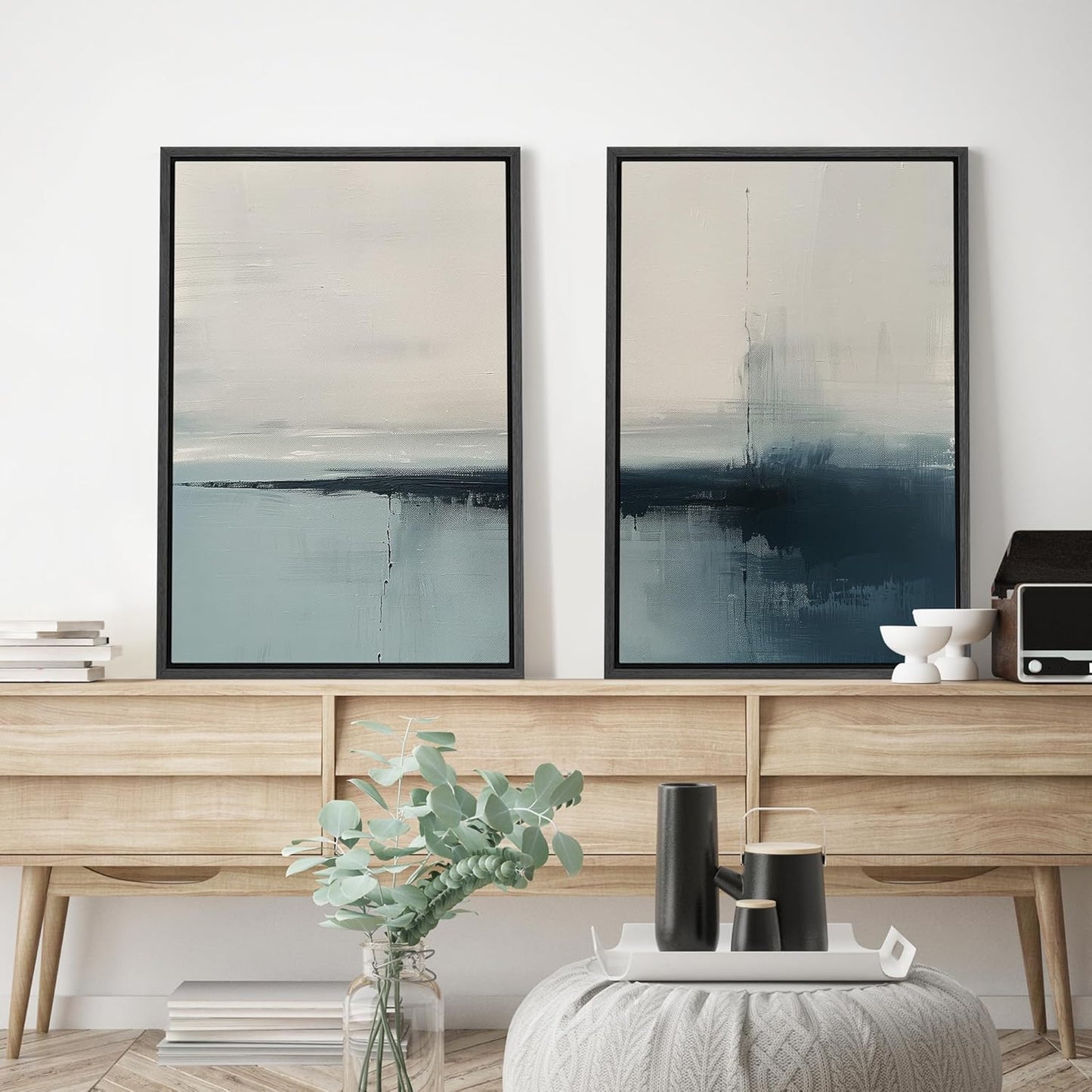SIGNWIN Framed Canvas Print Wall Art Modern Blue Ocean-Inspired Coastal Abstract Serene Neutral Tones with Subtle Patterns Illustrations Decorative for Living Room, Bedroom, Office - 24"x36"x2 Black