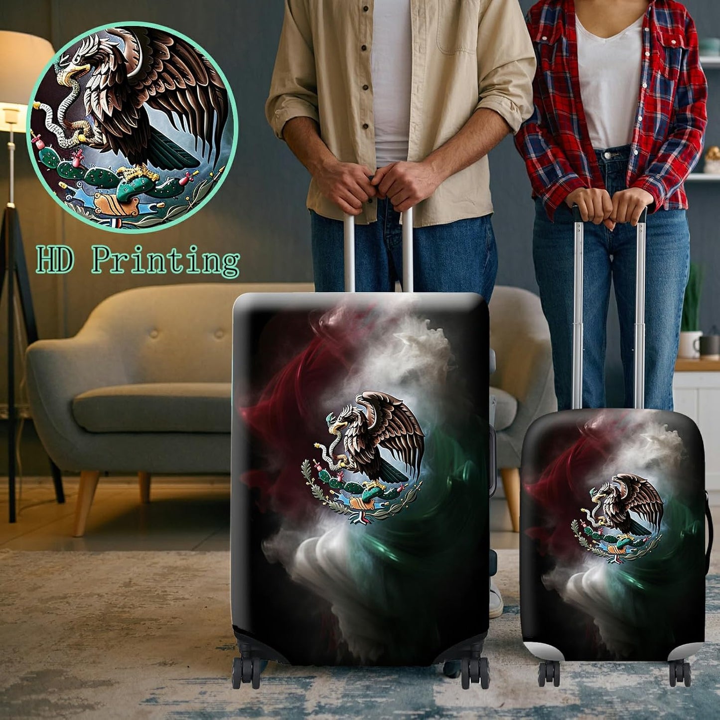 Luggage Cover + Tag, Mexican Flag Eagle Travel Suitcase Protector for 18-20 inch Luggage (S) with Concealed Zipper, Washable Elastic Cloth, Dustproof, Anti-Scratch